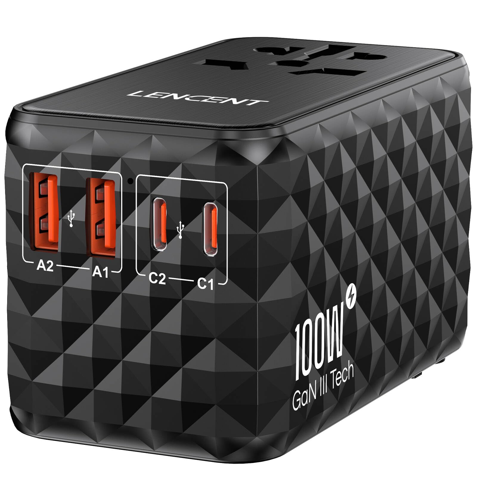 Lencent 100W International Travel Adapter, Gan Universal Travel Adapter With 2 Usb A & 2 Type C Power Adapter, Fast Charger For