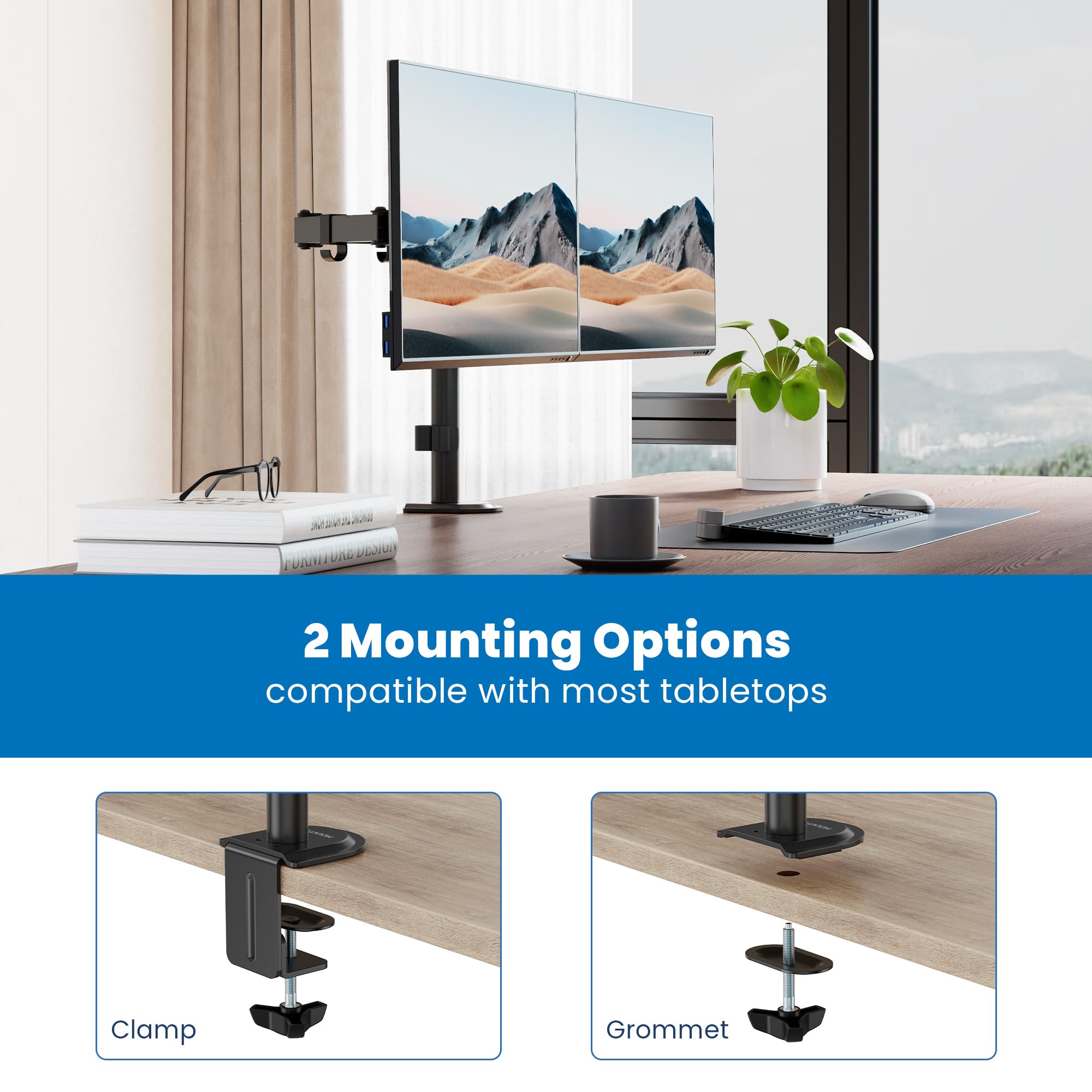 Mount It! Dual Monitor Mount, Dual Monitor Arm for 2 Screens, Dual Monitor Desk Mount, Adjustable Tilt and Swivel Arms for Double Screens up to 32� & 19.8 Lbs VESA 75x75 and 100x100 C clamp & Grommet