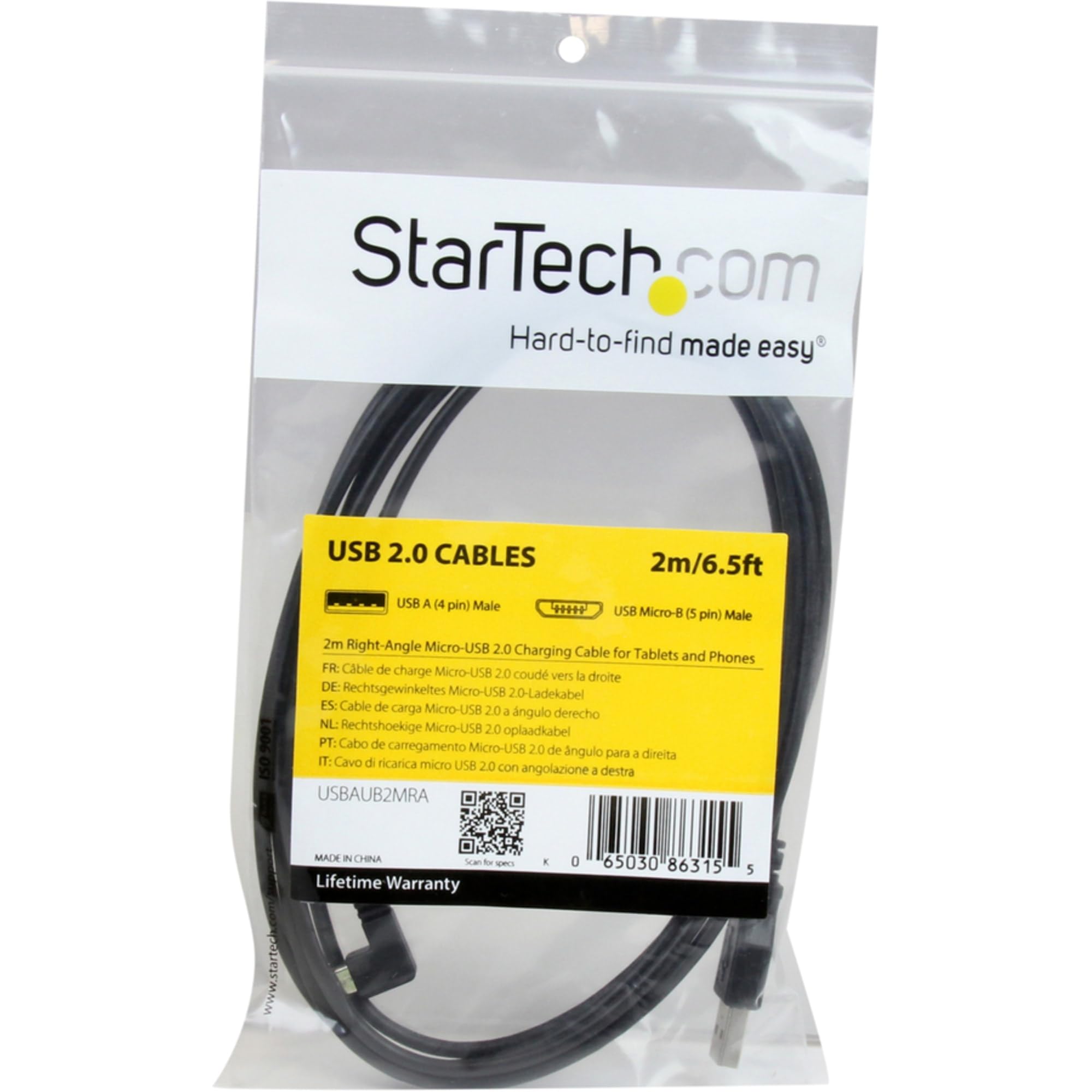 Startech.Com 2M 6 Ft Micro Usb Charge And Sync Cable   Right Angle Micro Usb   M/M   Usb To Micro Usb Charging Cable   24 Awg (U
