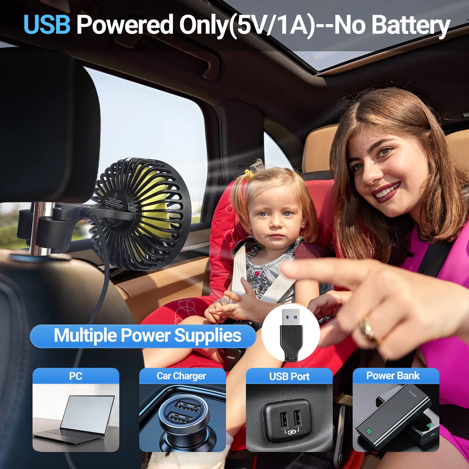 Huenlyel Usb Car Seat Fans For Backseat Baby, Electric 5V Usb Car Cooling Fan For Car Rear Seat Baby Kids Passengers(Usb Powered