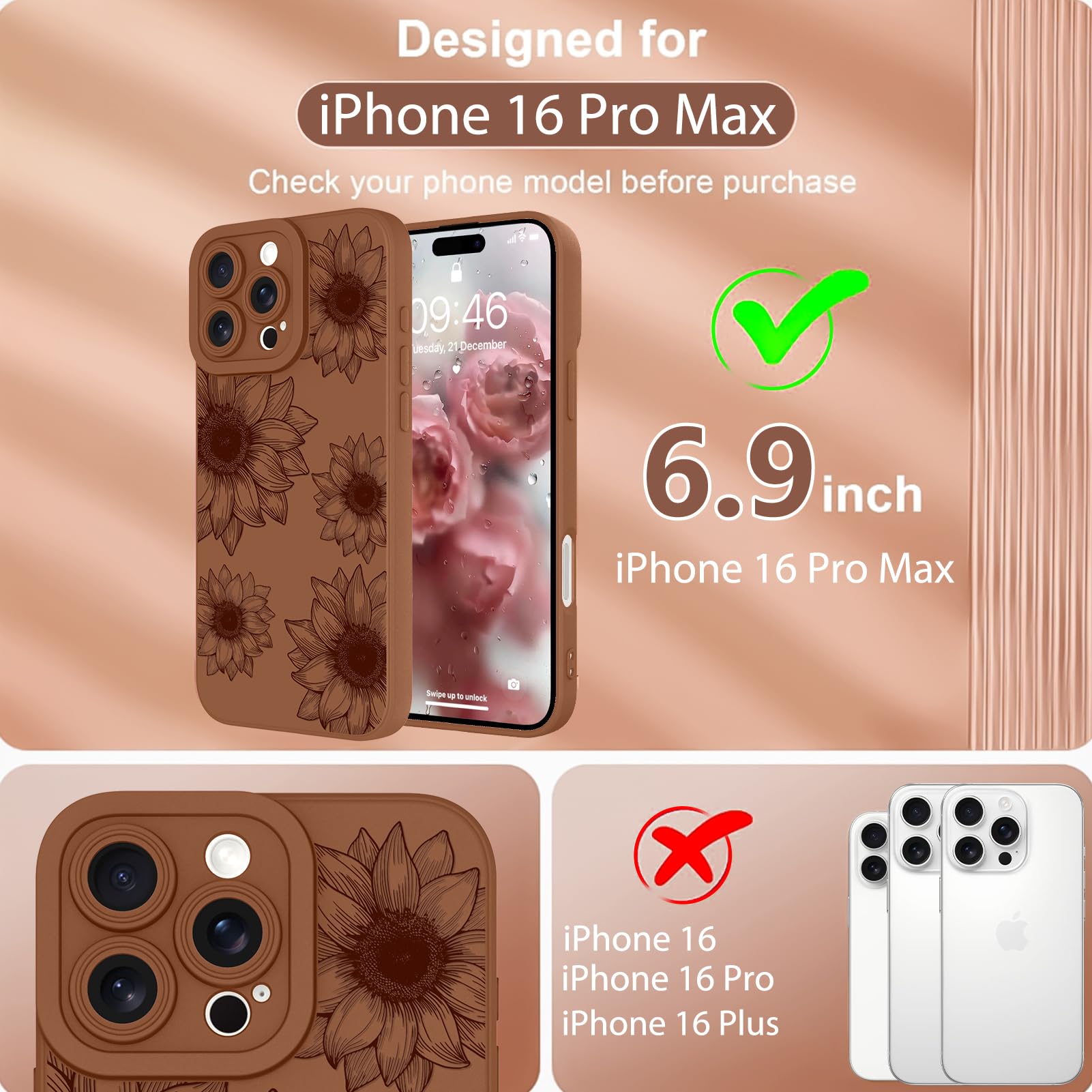 Ook Floral Case For Iphone 16 Pro Max Case, Cute Sunflower Floral Blooms Design Soft Tpu Shockproof Protective For Women Girls S