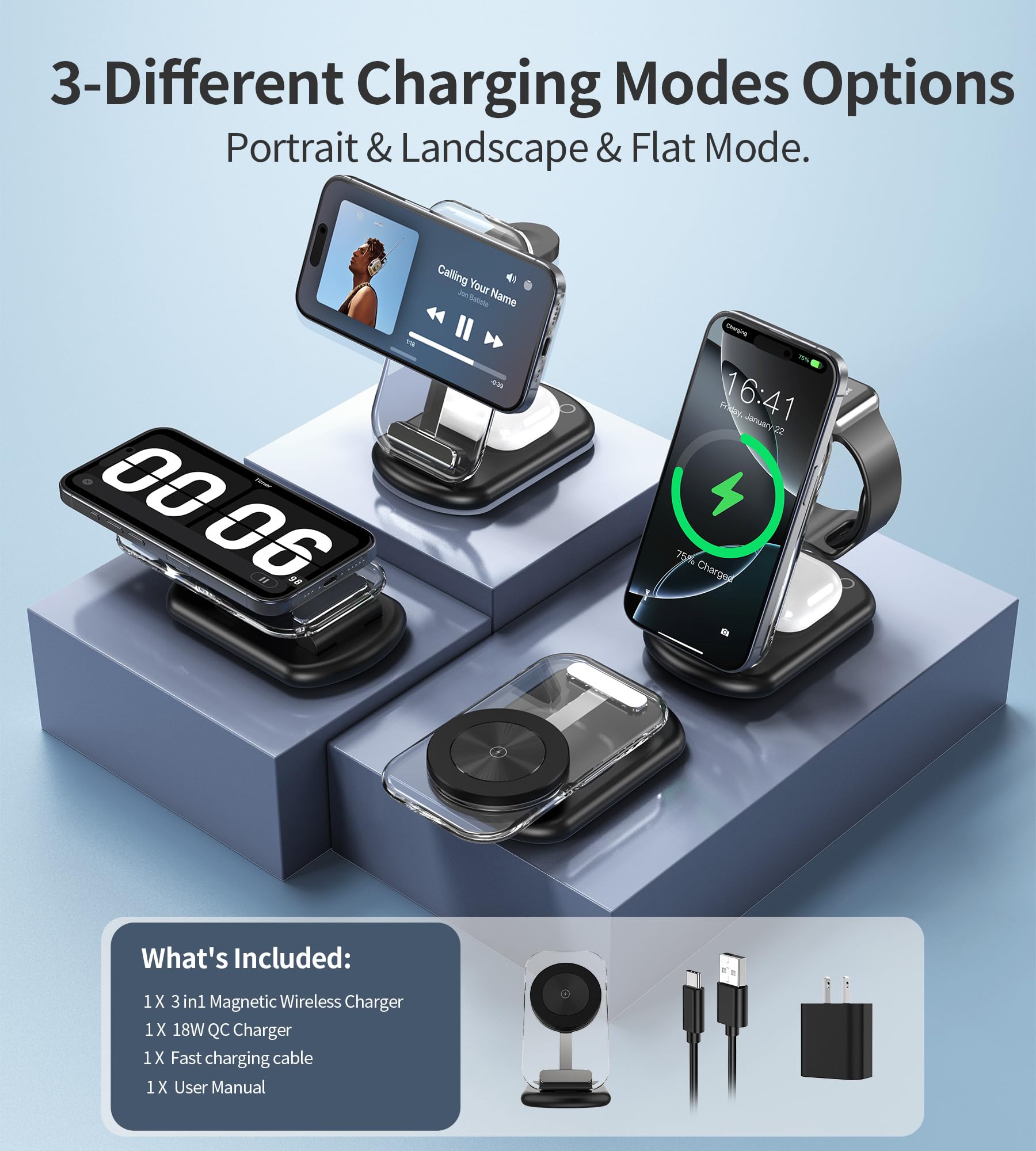 3 In 1 Magnetic Wireless Charging Station For Apple Devices, Fast Foldable Travel Mag Safe Charger Stand With Night Light For Ip