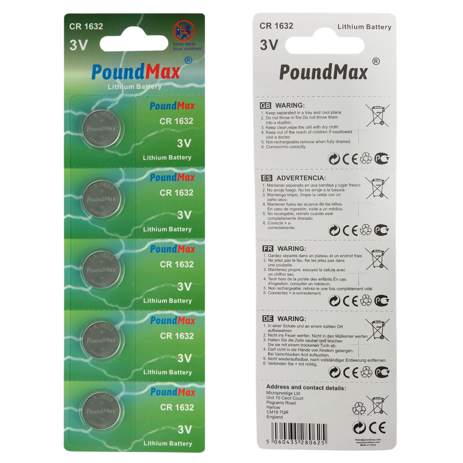 Poundmax Cr 1632 Batteries 3V Lithium Button Cell Battery Combo Pack   5 Count