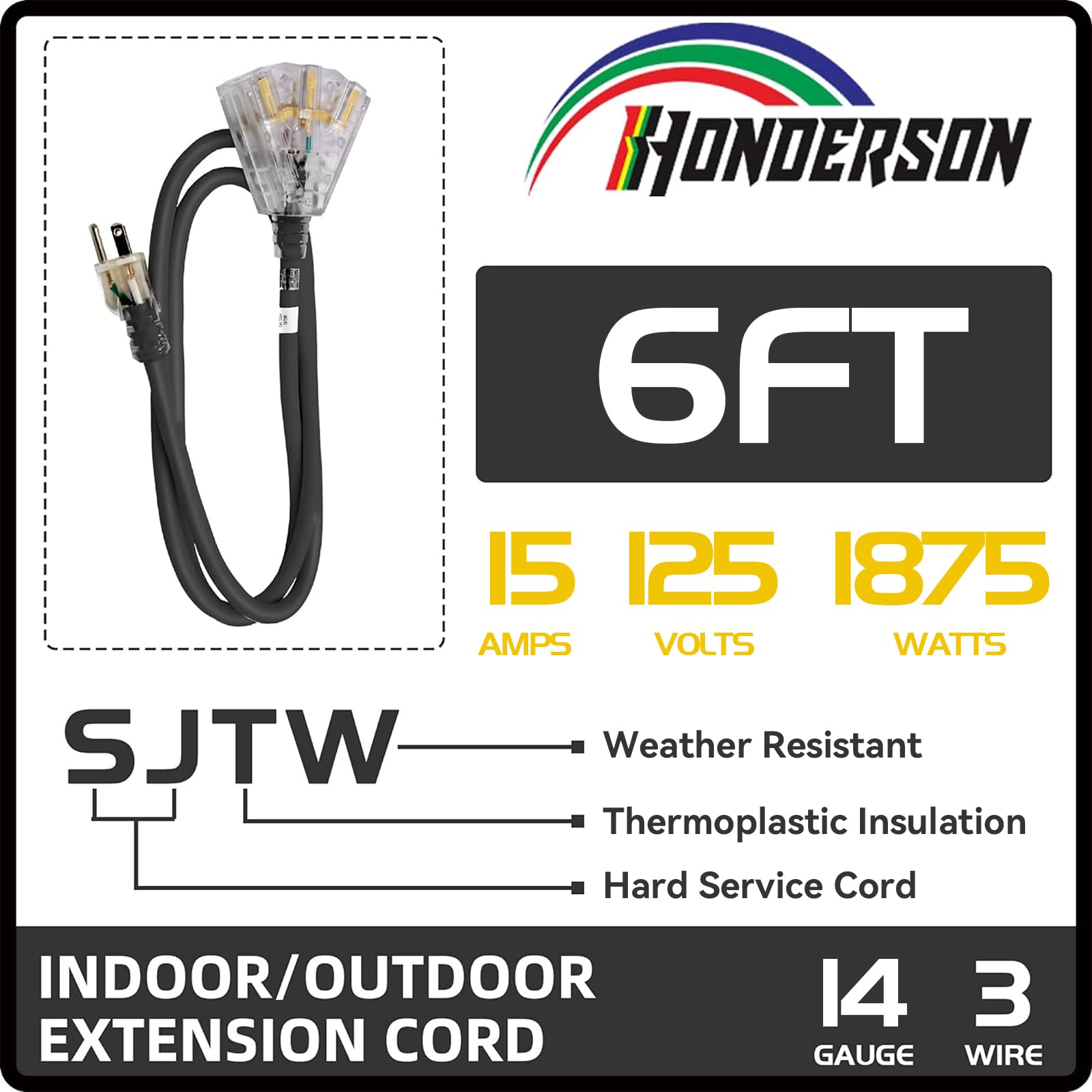 Honderson 3 Outlets Indoor Outdoor Extension Cord Weatherproof With Lighted End, Ul Listed, 14 Gauge 6Ft Black 3 Prong Heavy Dut