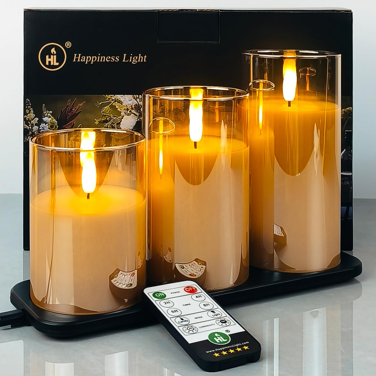 Hl Rechargeable Led Flameless Candles, Glass Flickering Pillar Real Wax With Remote Timer, Battery Operated Magnetic Charging Fo
