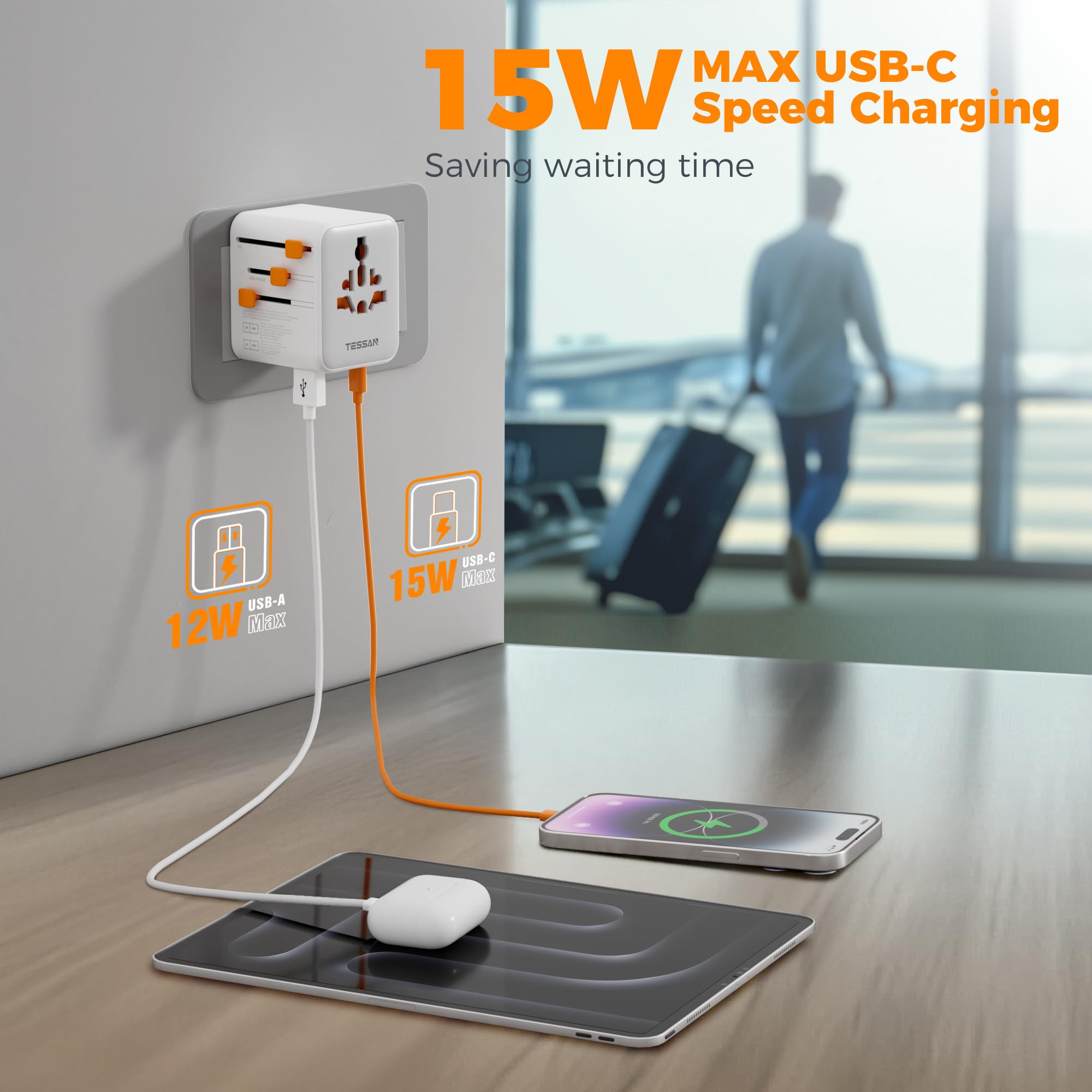 Tessan Universal Travel Adapter, International Power Adapter With Extra 2 Prong Ac Outlet, 4 Usb Ports (2 Usb C), Worldwide Plug