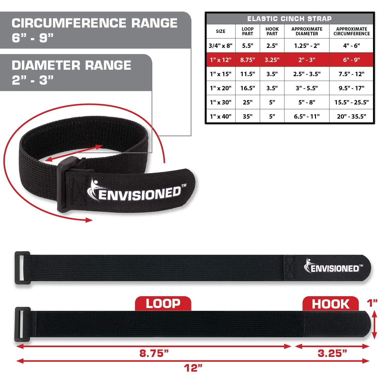 Elastic Reusable Cinch Straps 1''X12''   10 Pack Hook And Loop   Plus 2 Free Bonus Reusable Cable Ties