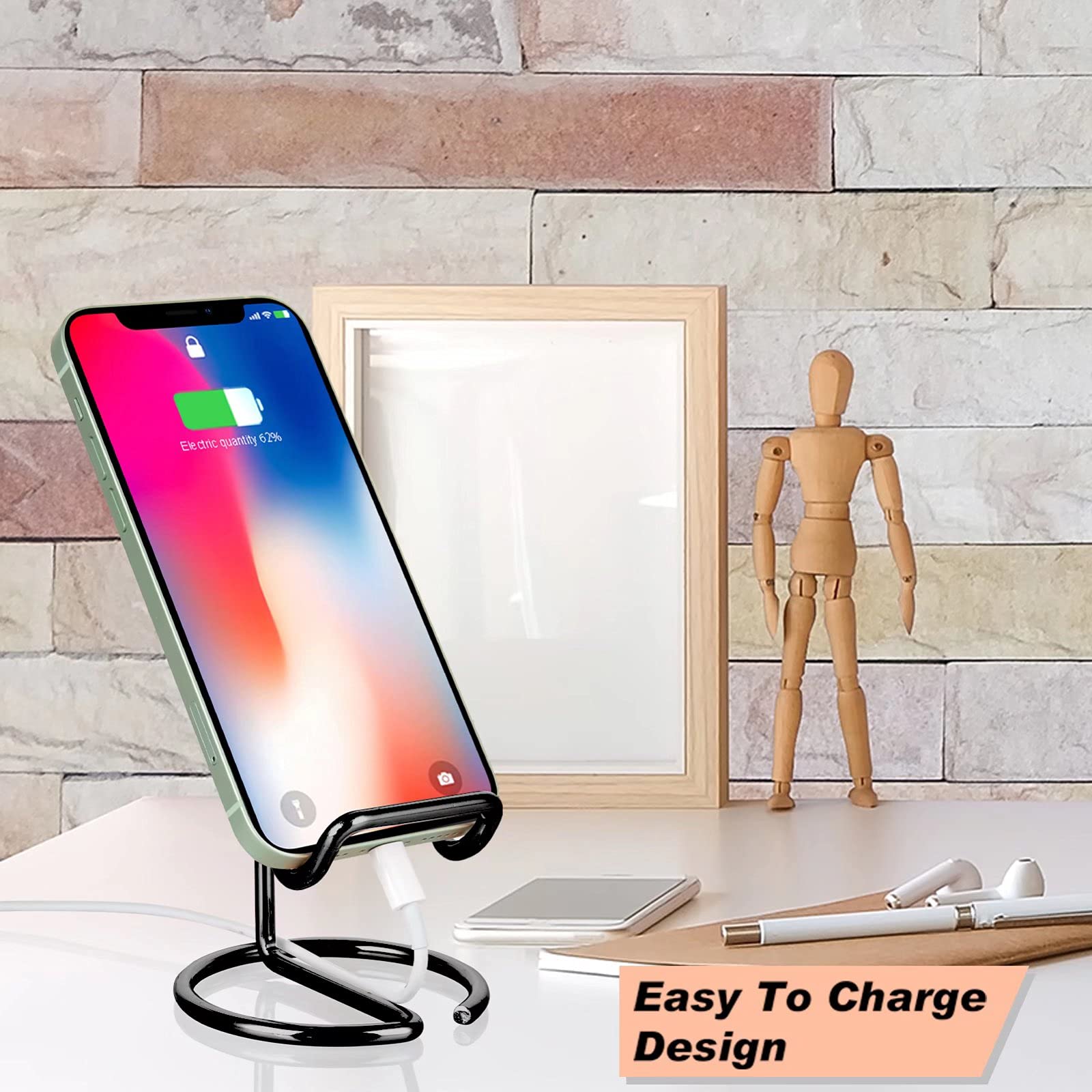 Roposy Cell Phone Stand For Desk, Cute Metal Black Cell Phone Stand Holder Desk Accessories, Compatible With All Mobile Phones,