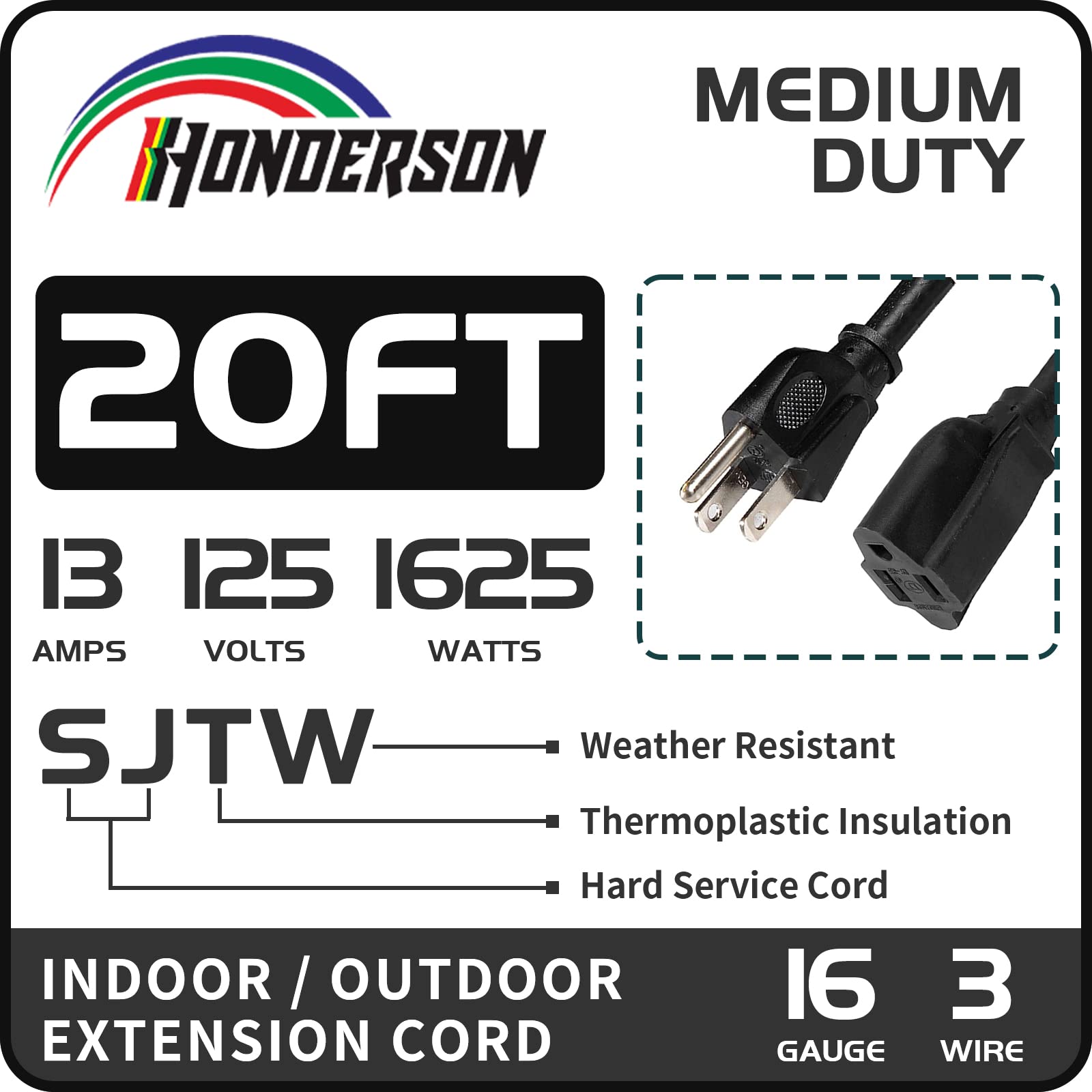 HONDERSON 20FT Outdoor Extension Cord 16/3 SJTW Black Grounded Plug