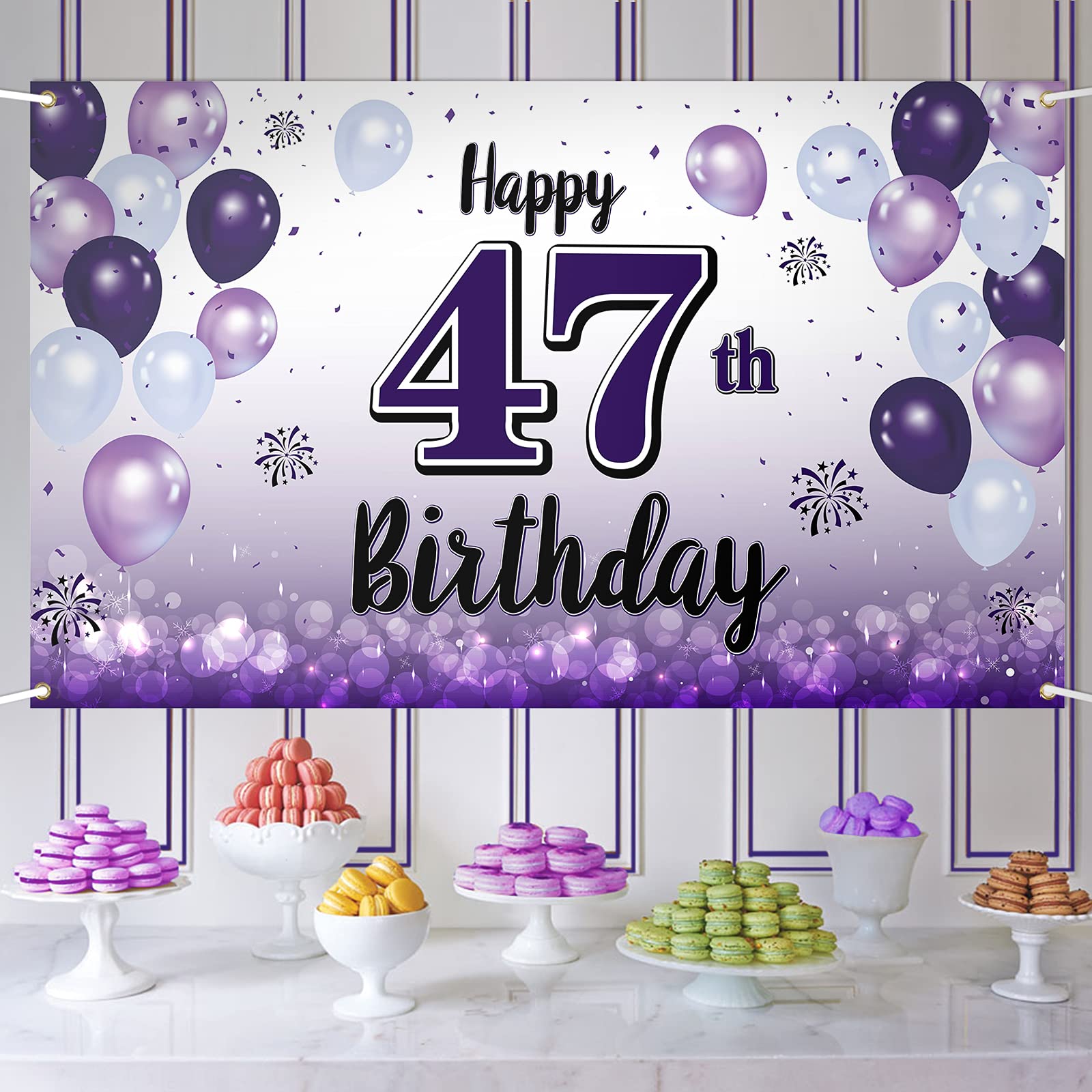 LASKYER Happy 47th Birthday Decorations,47th Purple Balloon Large Birthday Banner Backdrop Sign,47 Years Old Bday Party Supplies