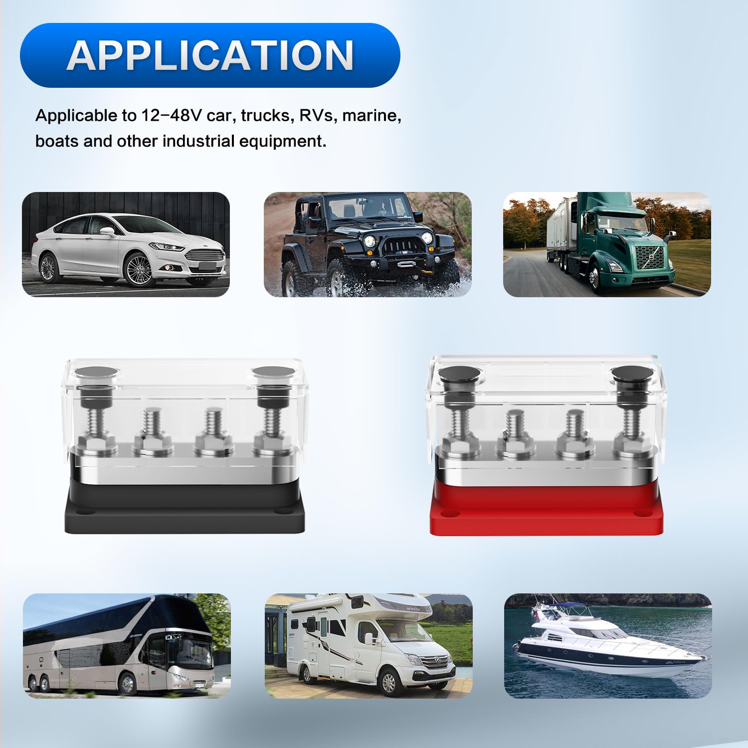 Jamgoer 600A Bus Bar Power Distribution Block 4 X 3/8'' (M10) Terminal Studs 48V Dc Positive & Ground Busbar Terminal Block Wtih