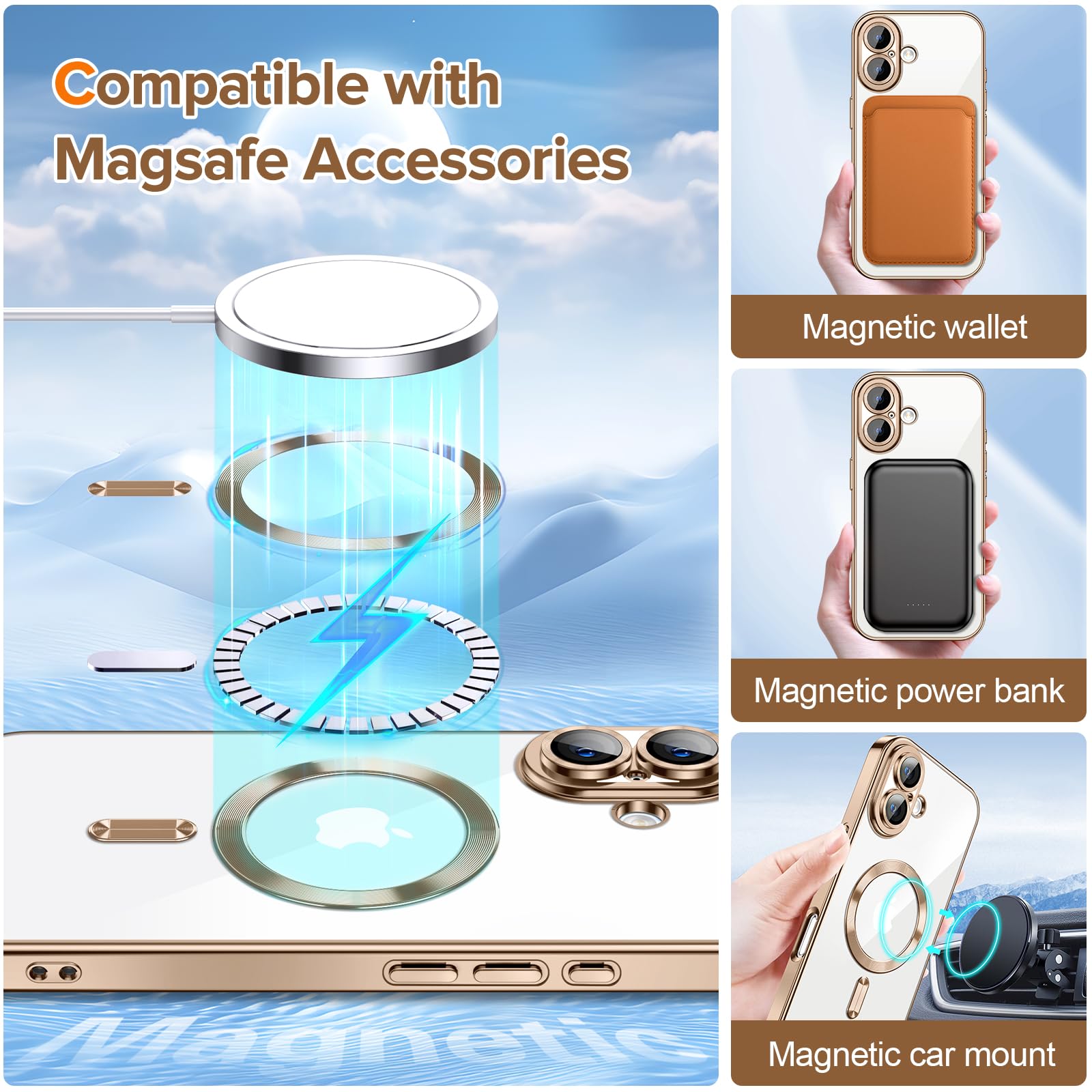 Hython Magnetic Clear Case For Iphone 16 Plus Case With Camera Lens Protector [Compatible With Magsafe] Plating Edge Slim Soft T