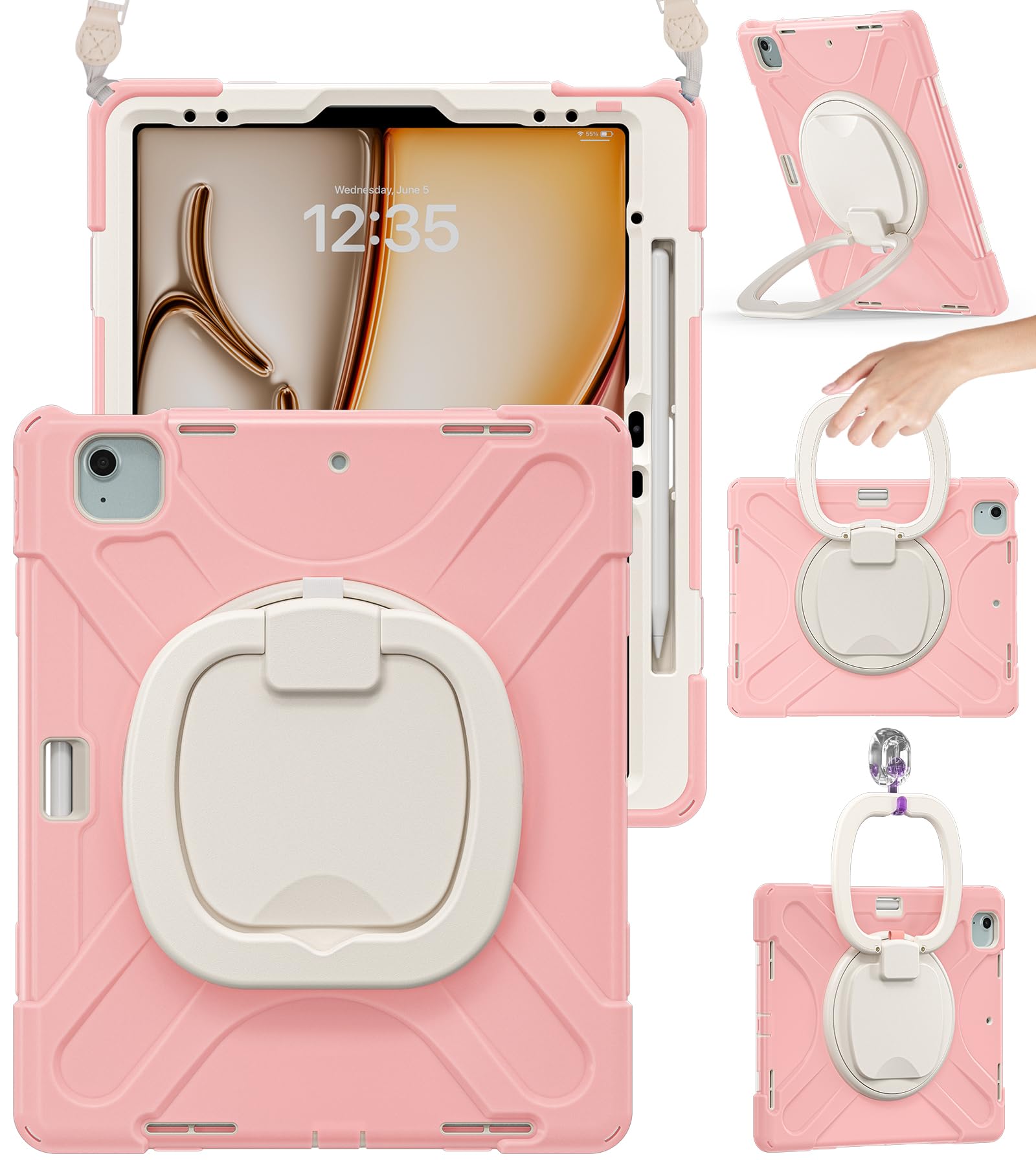 BRAECN for iPad Air 13 Kids Case M4 2026/M3 2025/M2 2024 & iPad Pro 12.9 Case (6th/5th4th/3rd Gen), Heavy Duty Silicone Cover wi