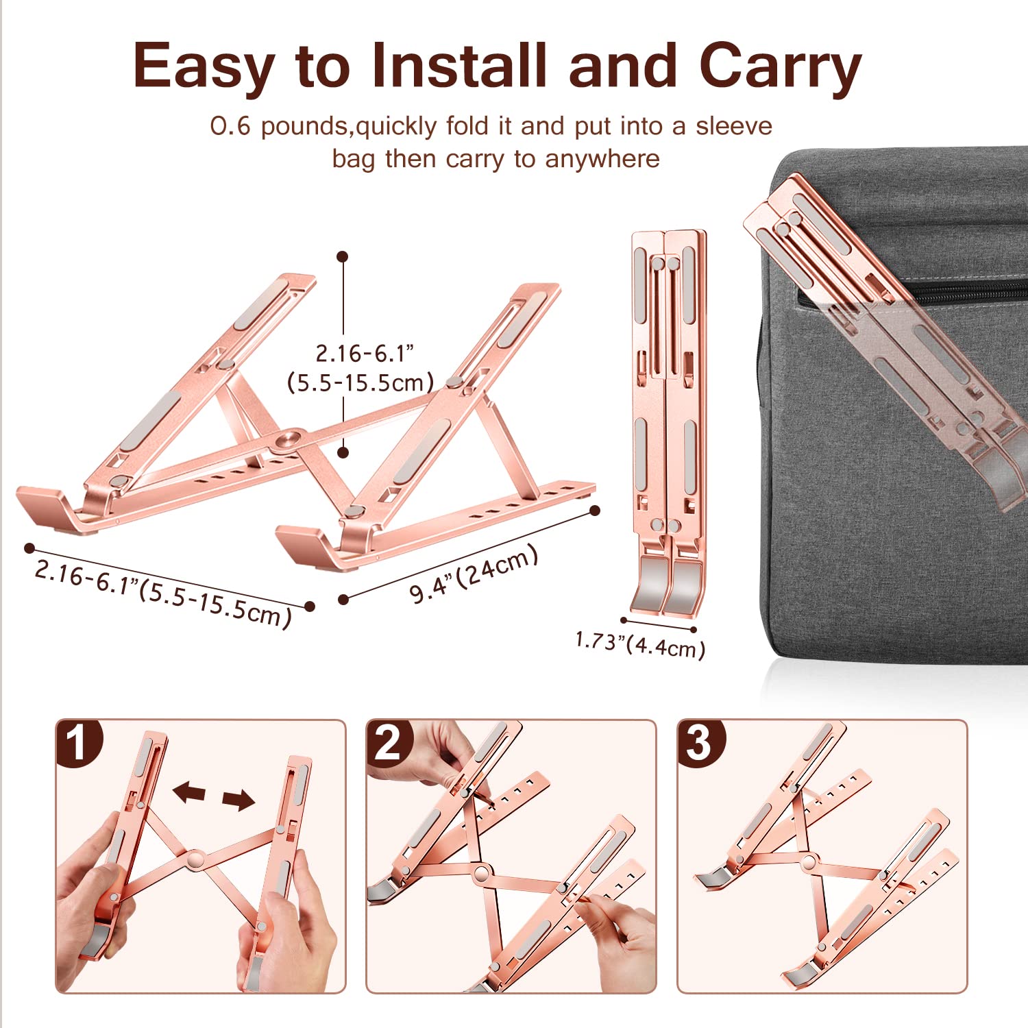 Laptop Stand, Ivoler Laptop Holder Riser Computer Tablet Stand, 6 Angles Adjustable Aluminum Ergonomic Foldable Portable Desktop Holder Compatible With Macbook,Ipad, Hp, Dell10 15.6� Rose Gold