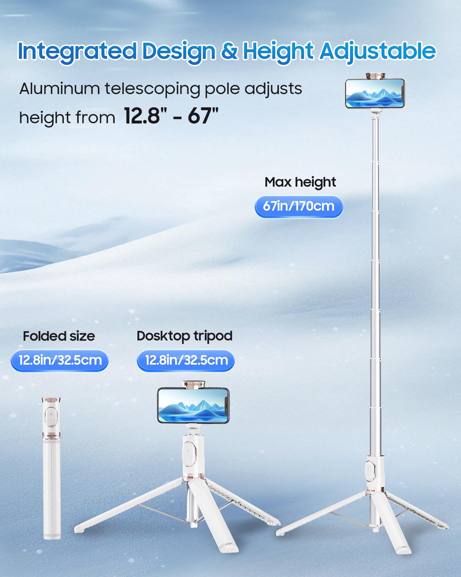 Ackima 67'' Selfie Stick Phone Tripod, All-In-1 Cell Phone Tripod With Wireless Remote, Extendable Compact Tripods Portable Trav