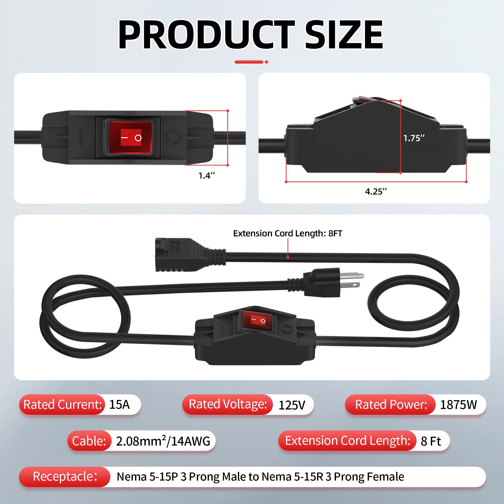 Joinfworld Switched Extension Cord 8 Ft Outdoor 14Awg 3 Prong Extension Cord With Switch On/Off 15A 125V Waterproof Lighted Inli