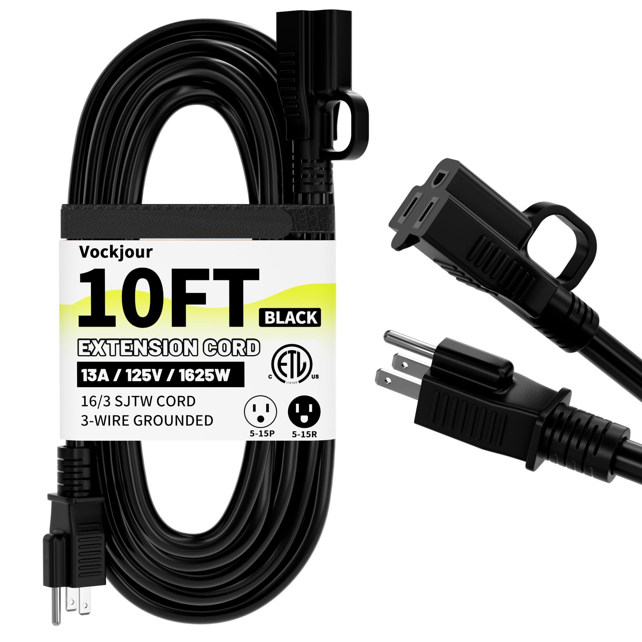 16/3 Black Indoor Outdoor Extension Cord 10 Ft Waterproof, Heavy Duty Extension Cord With 3 Prong Grounded Plug,13A 1625W 16Awg