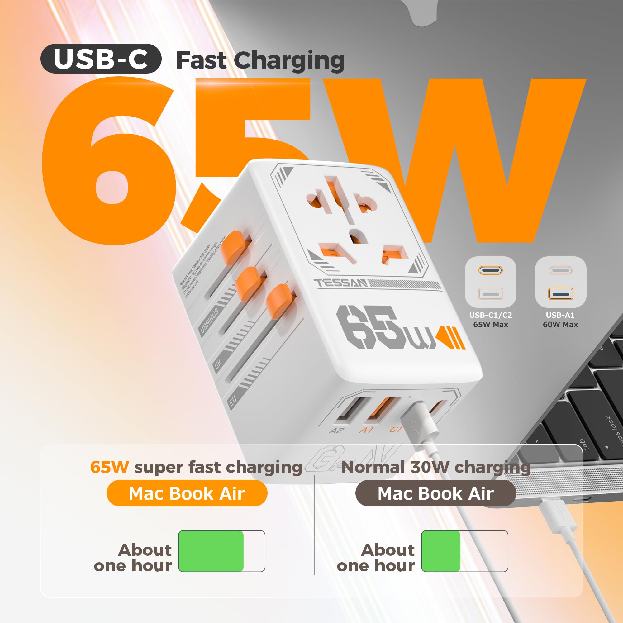 Tessan 65W Gan Universal Travel Adapter, International Plug Adaptor With 4 Usb(2 Usb C) Charging Ports, Worldwide Power Outlet F