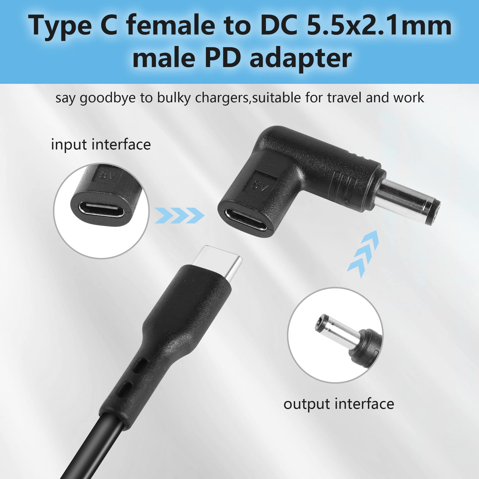 Yaodhaod Usb 3.1 Type C Female To Dc Male Adapter, 90 Degree Angled Usb C To Dc 19V Pd Emulator Trigger Charging Adapter Plug Fo