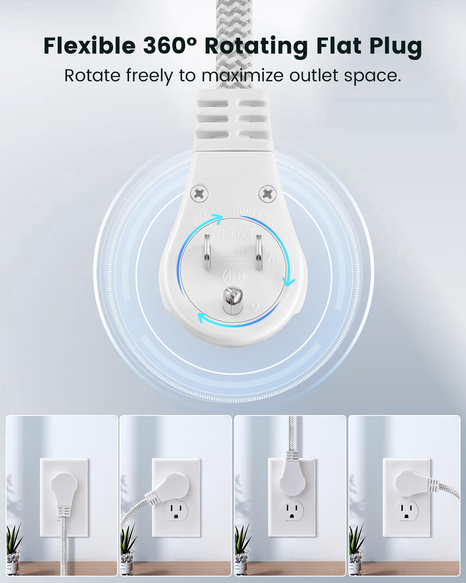 Suraielec 20Ft 360 Rotating Flat Plug Extension Cord Flat Wall Plug With 3 Outlets, Braided Flat White Extension Cord For Indoor