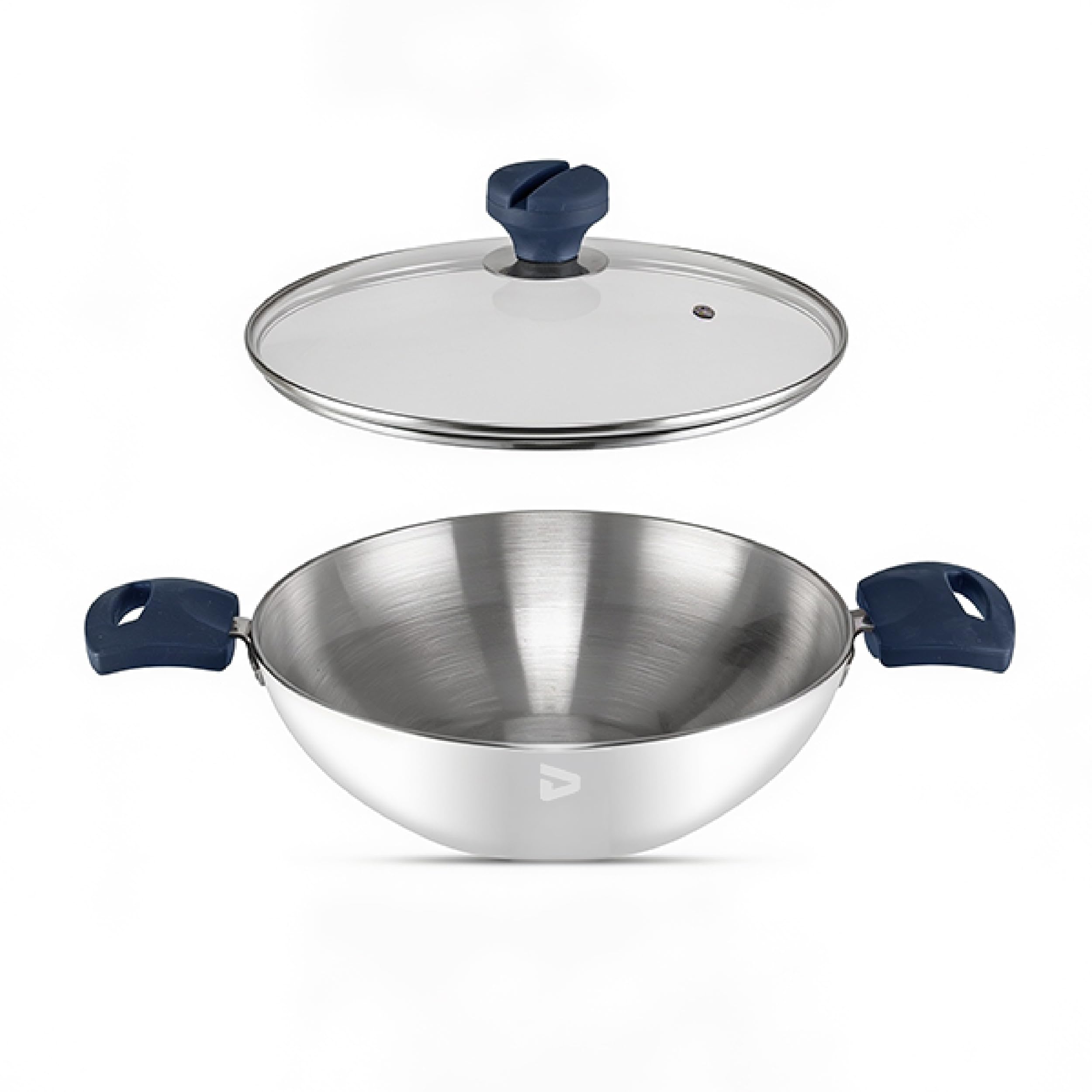 VB DACE Stainless Steel Flat Base Kadai 24 cm with Glass Lid & HeatResistant Silicone Handles | Heavy Gauge | Induction & Gas C
