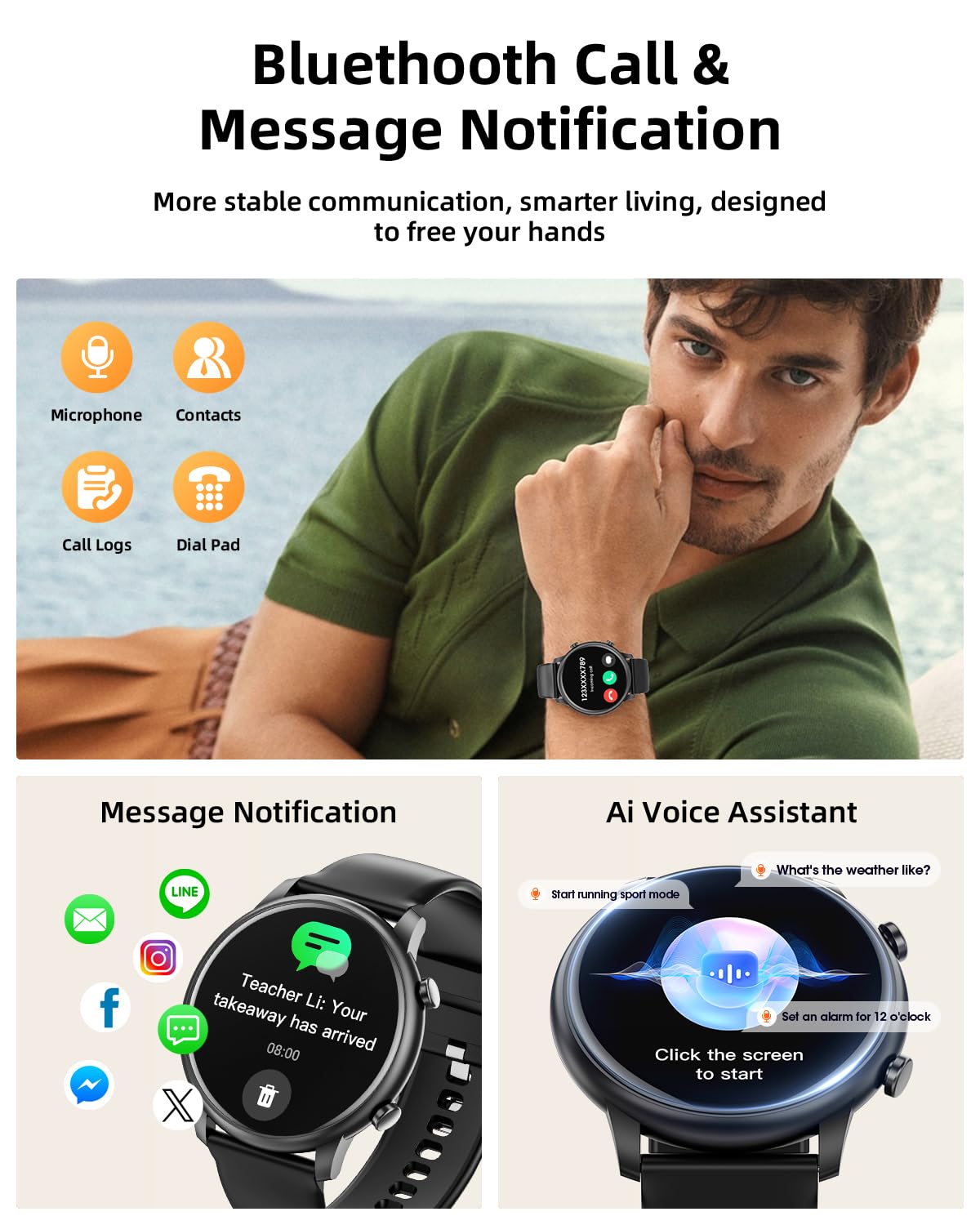 Smart Watches For Men Women Android Phones Iphone Compatible[Make&Answer Calls/Full Screen No Black-Circle],1.39'' Round Sports