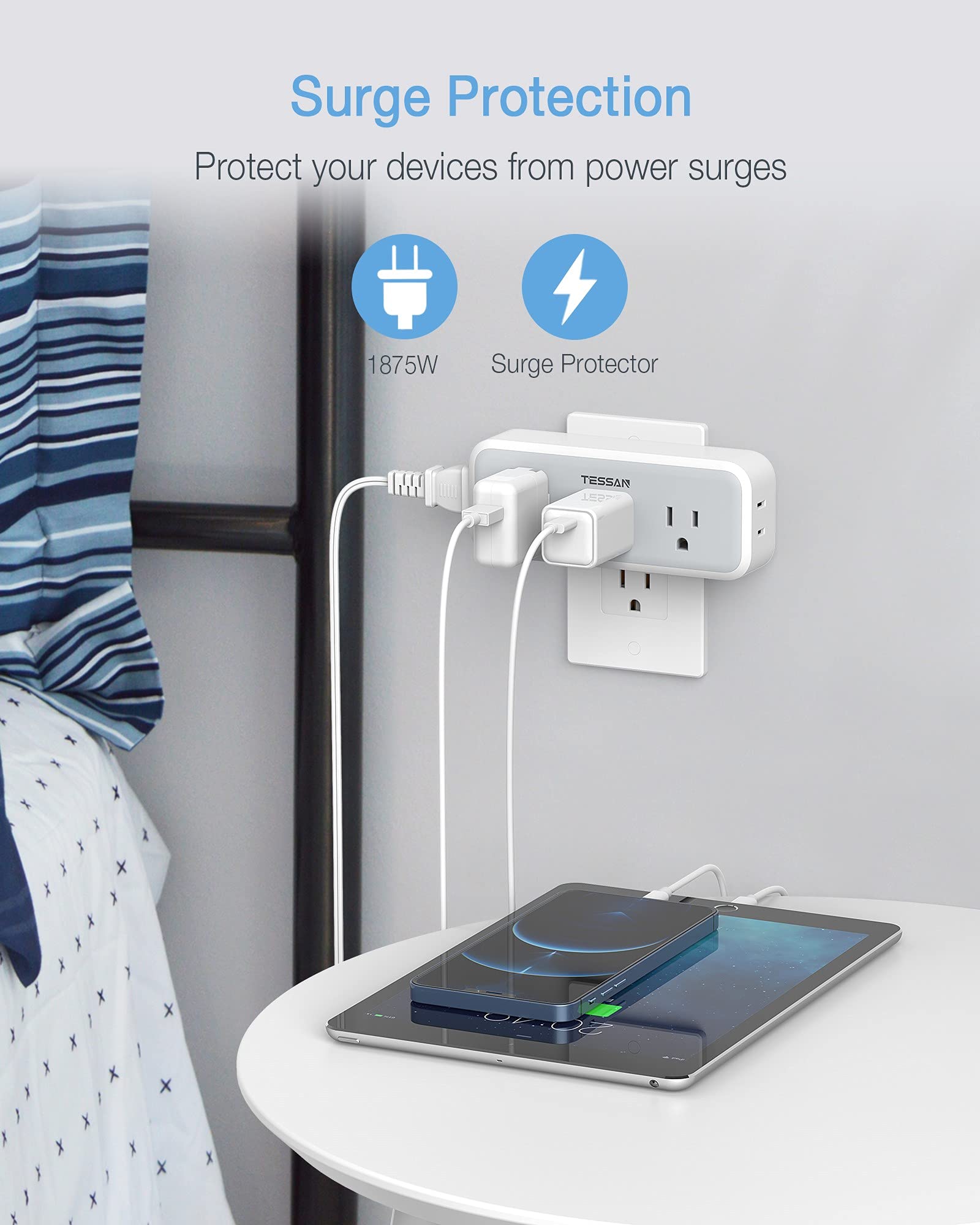 Multi Plug Outlet Extender, Tessan Surge Protector Wall Plug Splitter With 5 Electrical Outlet Expander, Multiple Plug Adapter F