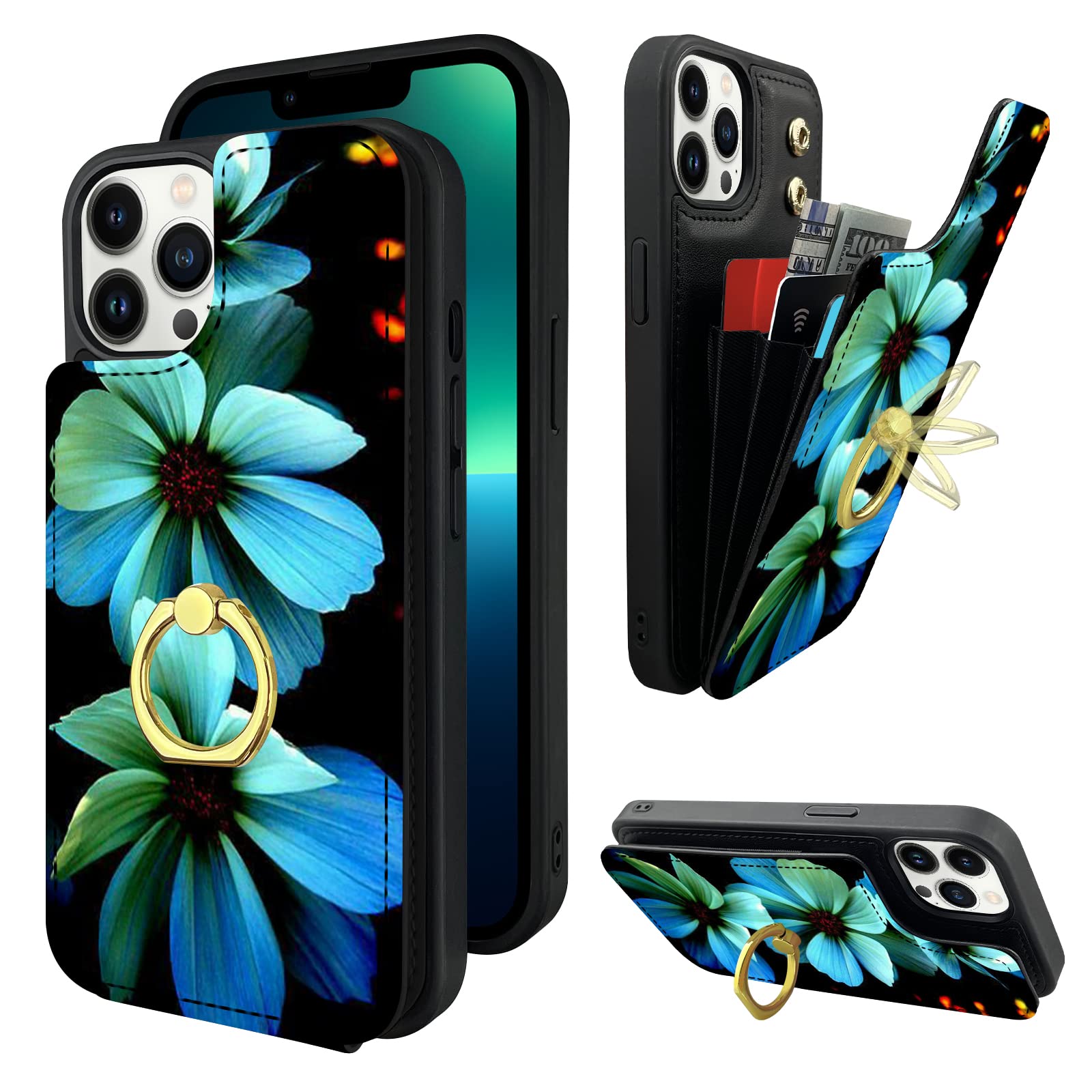 Topperfekt Compatible With Iphone 13 Pro Wallet Case With Card Holder, 360    Rotation Finger Ring Holder Kickstand Protective R
