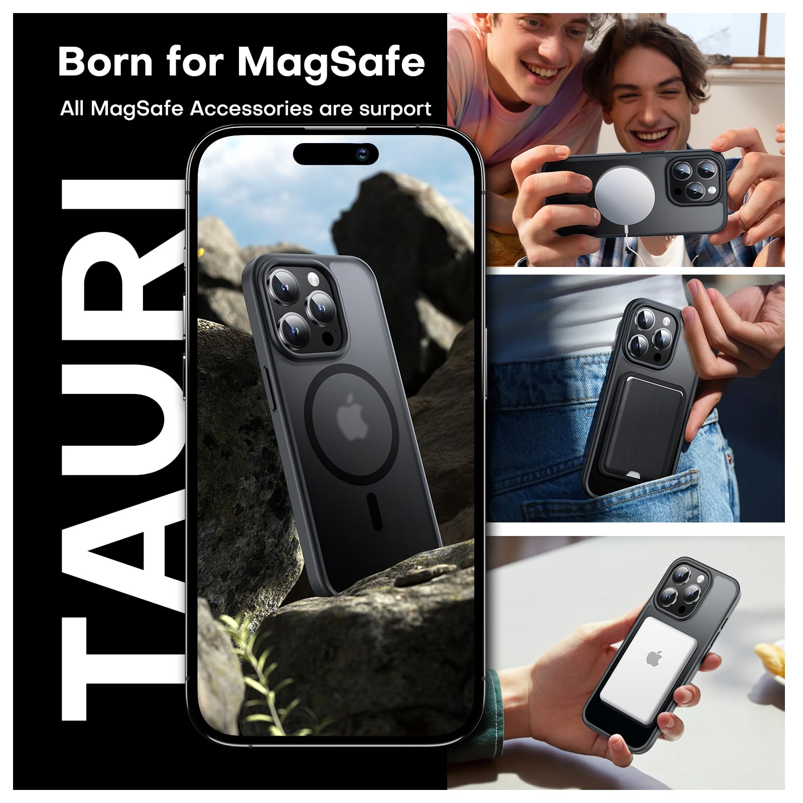 Tauri Magnetic Case For Iphone 15 Pro, [Military Grade Drop Protection] Slim Shockproof Phone Lanyard Case 6.1 Inch  Matte Black