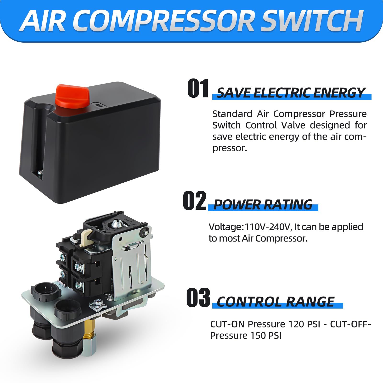 Meanlin Measure Air Compressor Pressure Switch Control Valve 120 150 Psi 110V 240V 1 Way Replacement Parts With 0 180 Pressure G