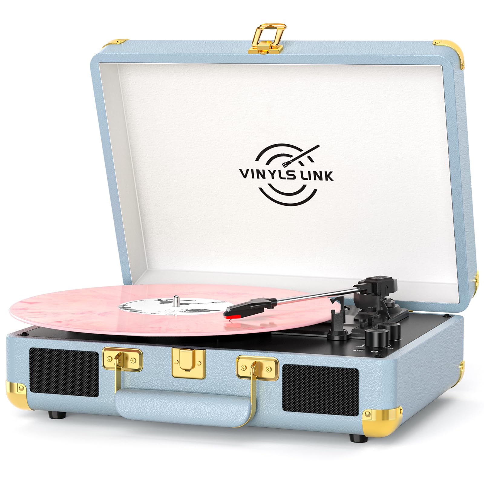 VINYLSLINK Bluetooth Vinyl Record Player, 3-Speed Portable Turntable with Treble & Bass Control, Built-in Stereo Speakers, Belt-