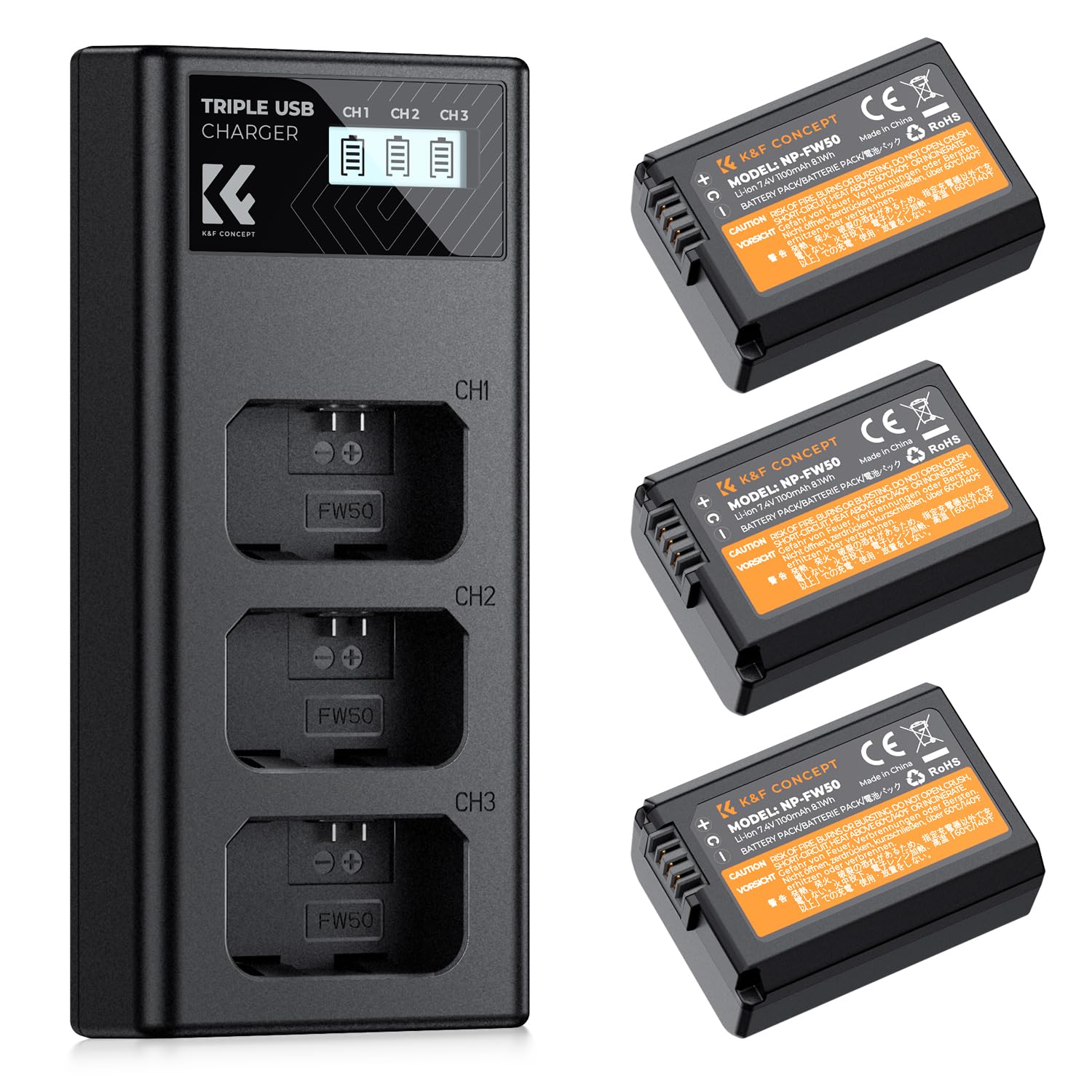 K&F Concept 3 Pack Np Fw50 Battery And 3 Slot Lcd Charger Compatible With Sony Zv E10, A6000, A6300, A6400, A6500, A5000, A5100,