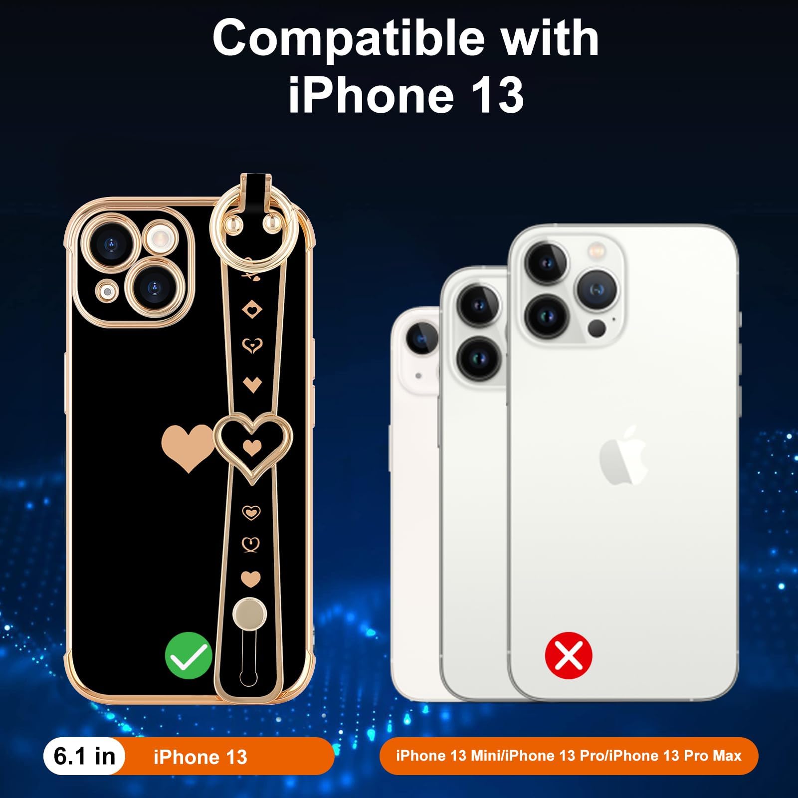 Llz.Coque For Iphone 13 Case Cute Love Heart Plating Strap Phone Cover For Women Girlss Bling Soft Silicone Camera Lens Protecti