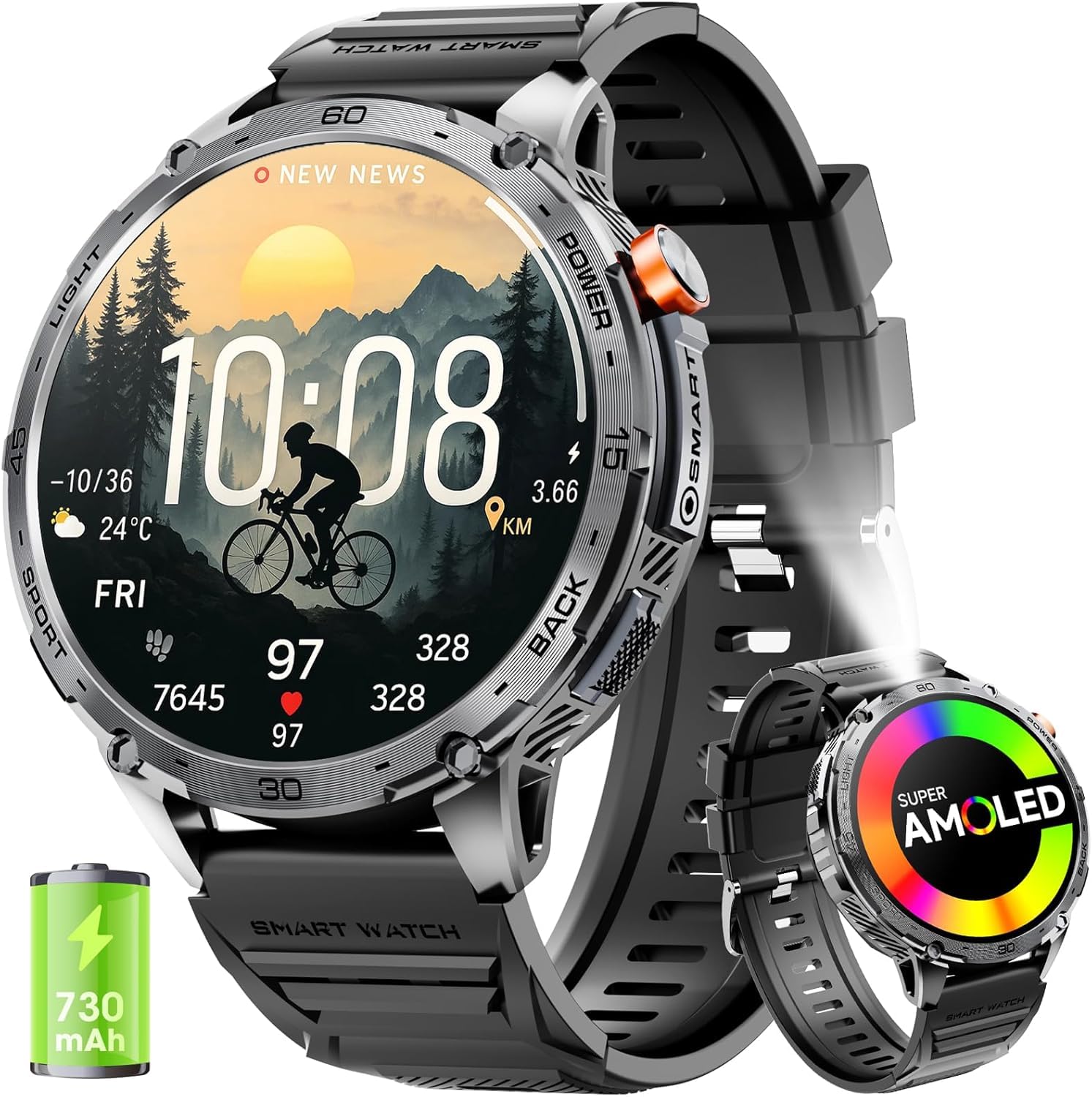 Military Smart Watch For Men 1.75'' Hd Amoled Display 730Mah Battery Smart Watches With Led Flashlight For Android Ios(Bluetooth