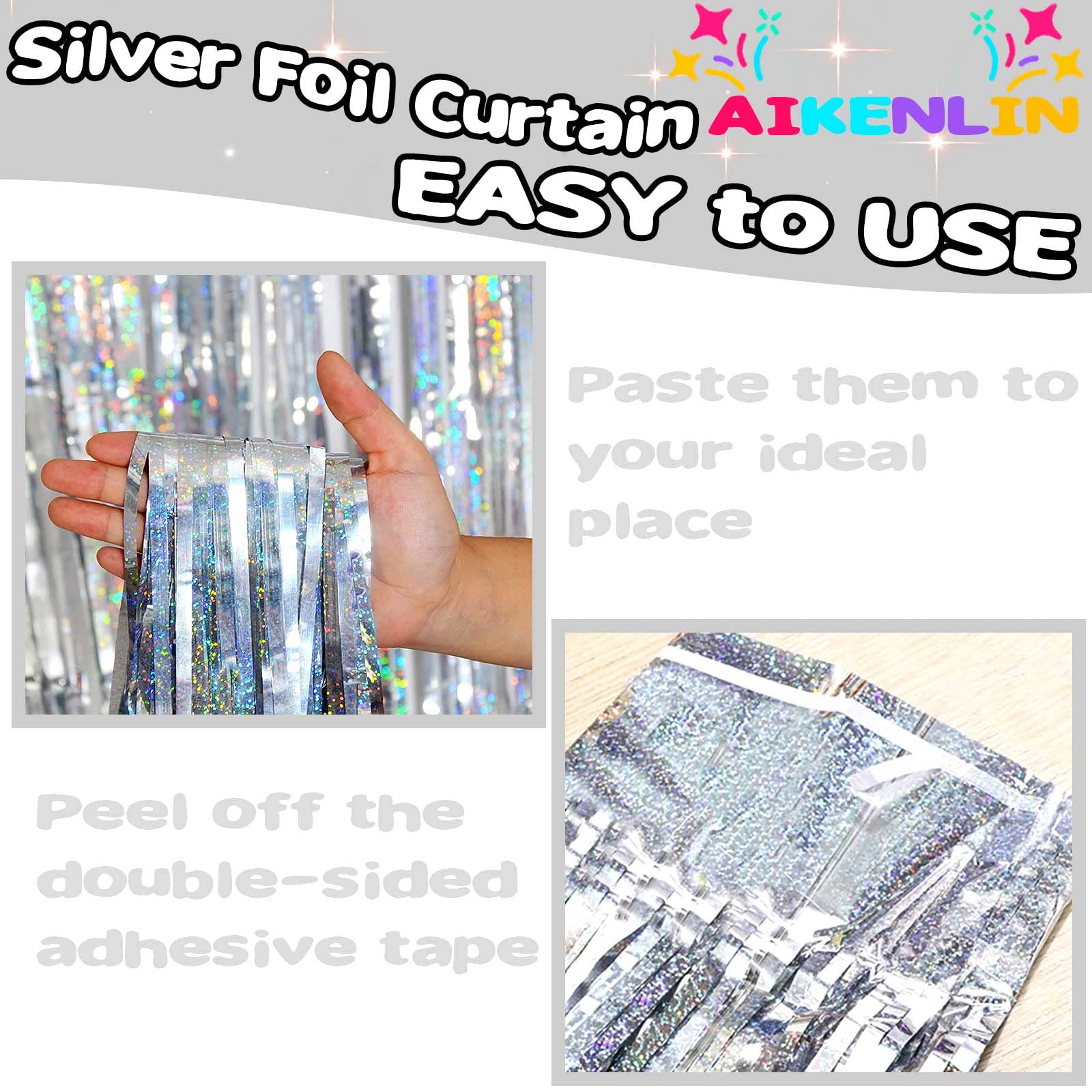 4 Pack 3.2Ft X 8.2Ft Silver Foil Fringe Curtain Backdrop, Metallic Tinsel Foil Fringe Streamers Curtains Background For Photo Bo