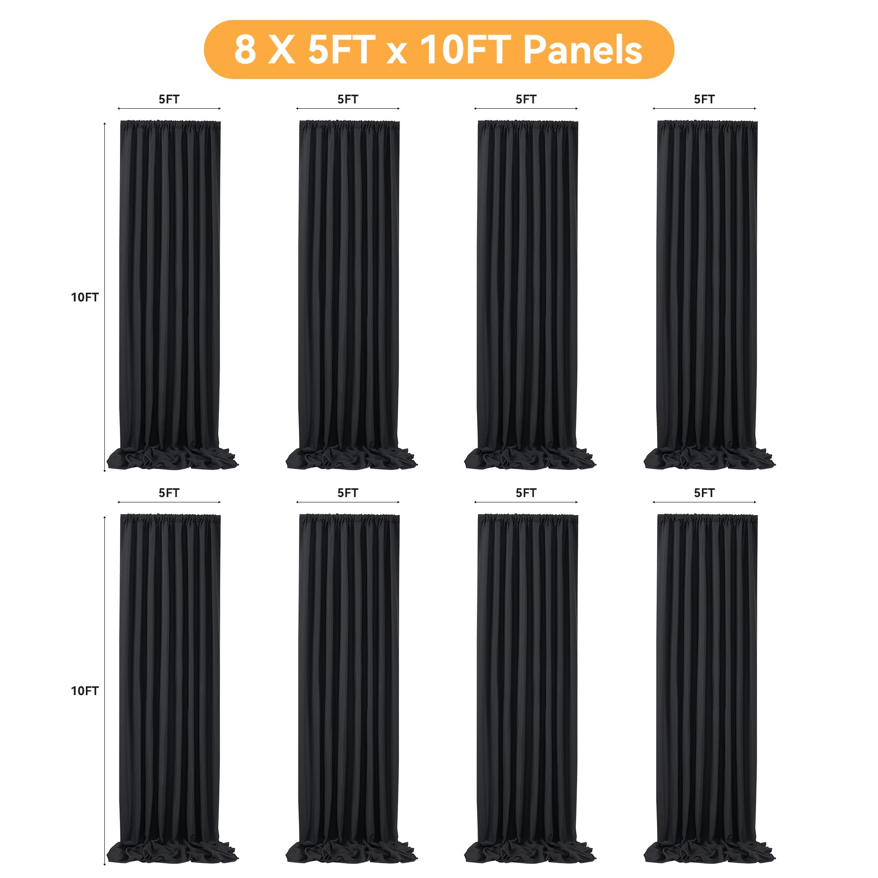 40X10Ft Black Backdrop Curtains For Party, 8 Panels 5X10Ft Thick Polyester Backdrop Drapes, Wrinkle Resistant Photography Backgr