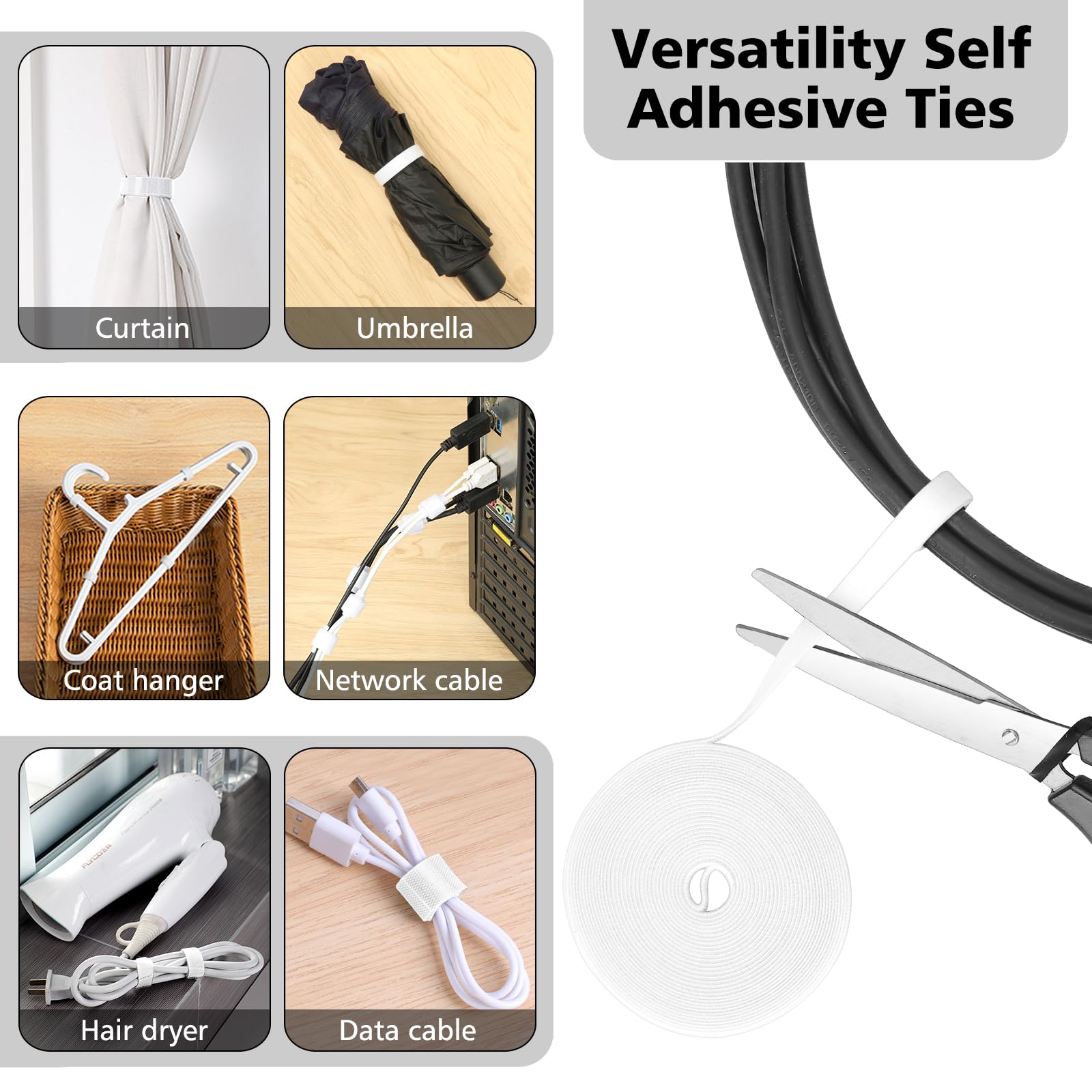 Cord Management Organizer Kit 2 Cable Sleeve Split With 41Self Adhesive Cable Clips Holder, 10Pcs And 2 Roll Self Adhesive Tie A