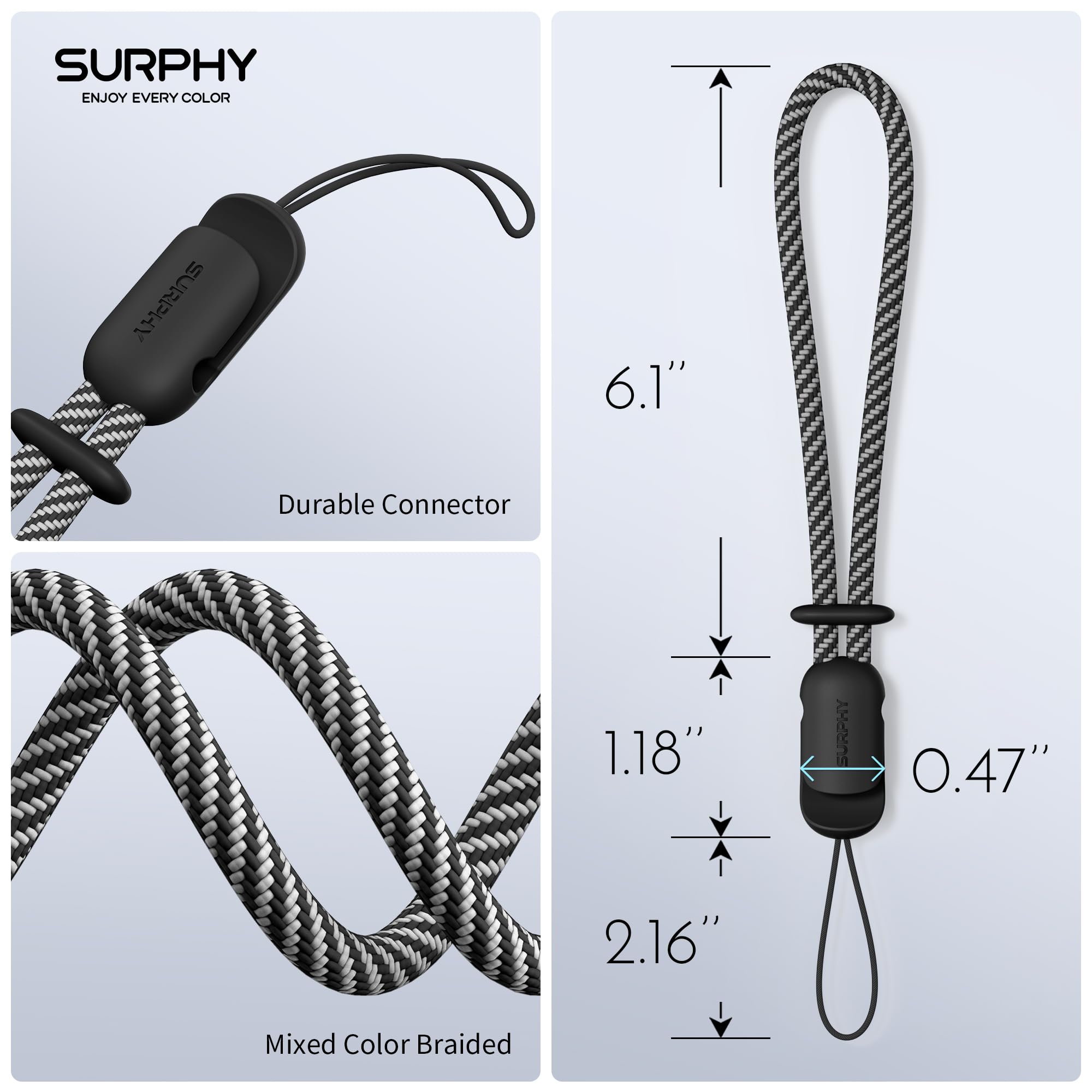 Surphy 2 Pack Lanyard, Phone Strap, Adjustable Phone Lanyard With Two Color Braided, Wrist Strap For Airpods, Camera (Black & Gr