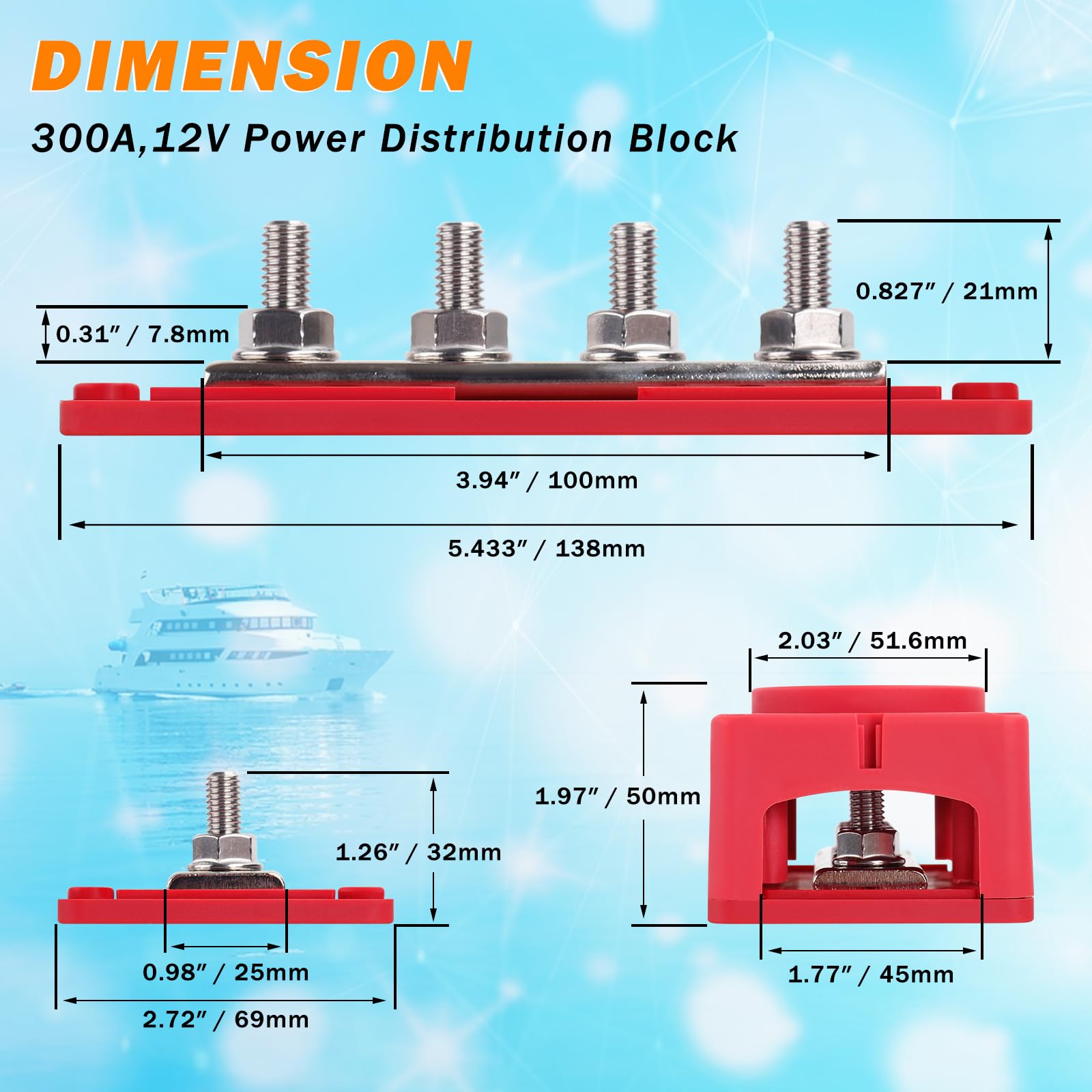 300A Heavy Duty Module Bus Bar, 12V 24V 48V Dc Power Distribution Block With 4 X 5/16'' (M8) Studs, Gift 12Pcs Cable Lugs And 20