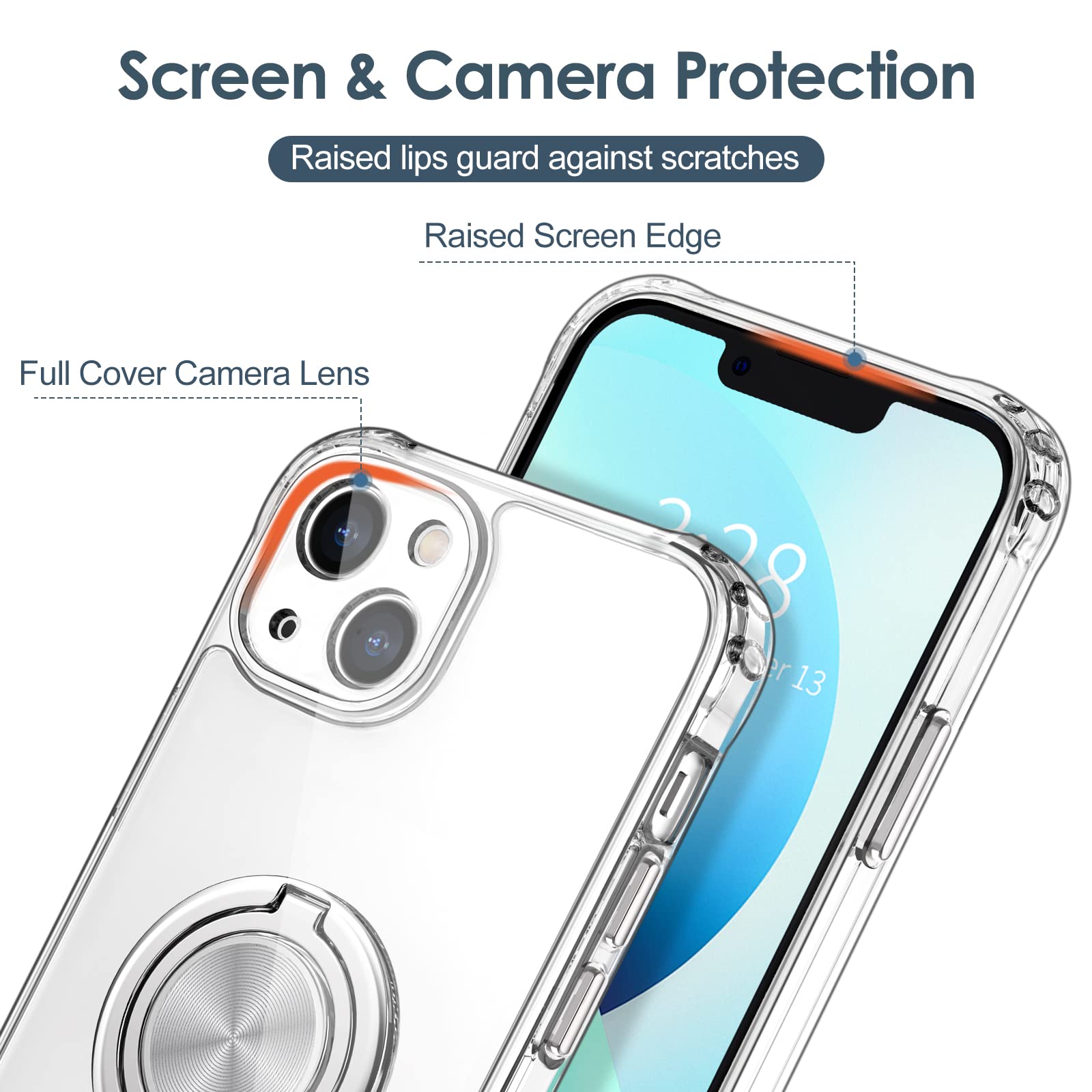 Hython For Iphone 13 Case With Ring Stand [360Rotatable Ring Holder Magnetic Kickstand] [Support Car Mount] Transparent Hard Pc