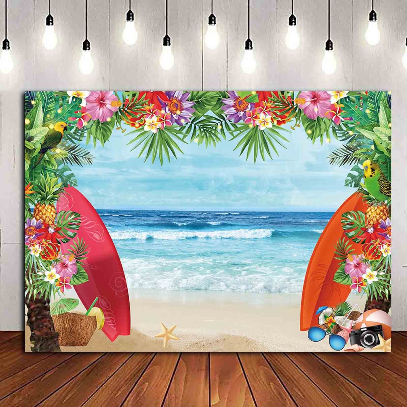 8X6Ft Summer Tropical Beach Theme Photo Background Fabric Beach Conch Hawaii Blue Sea Flower Children Birthday Luau Party Photog