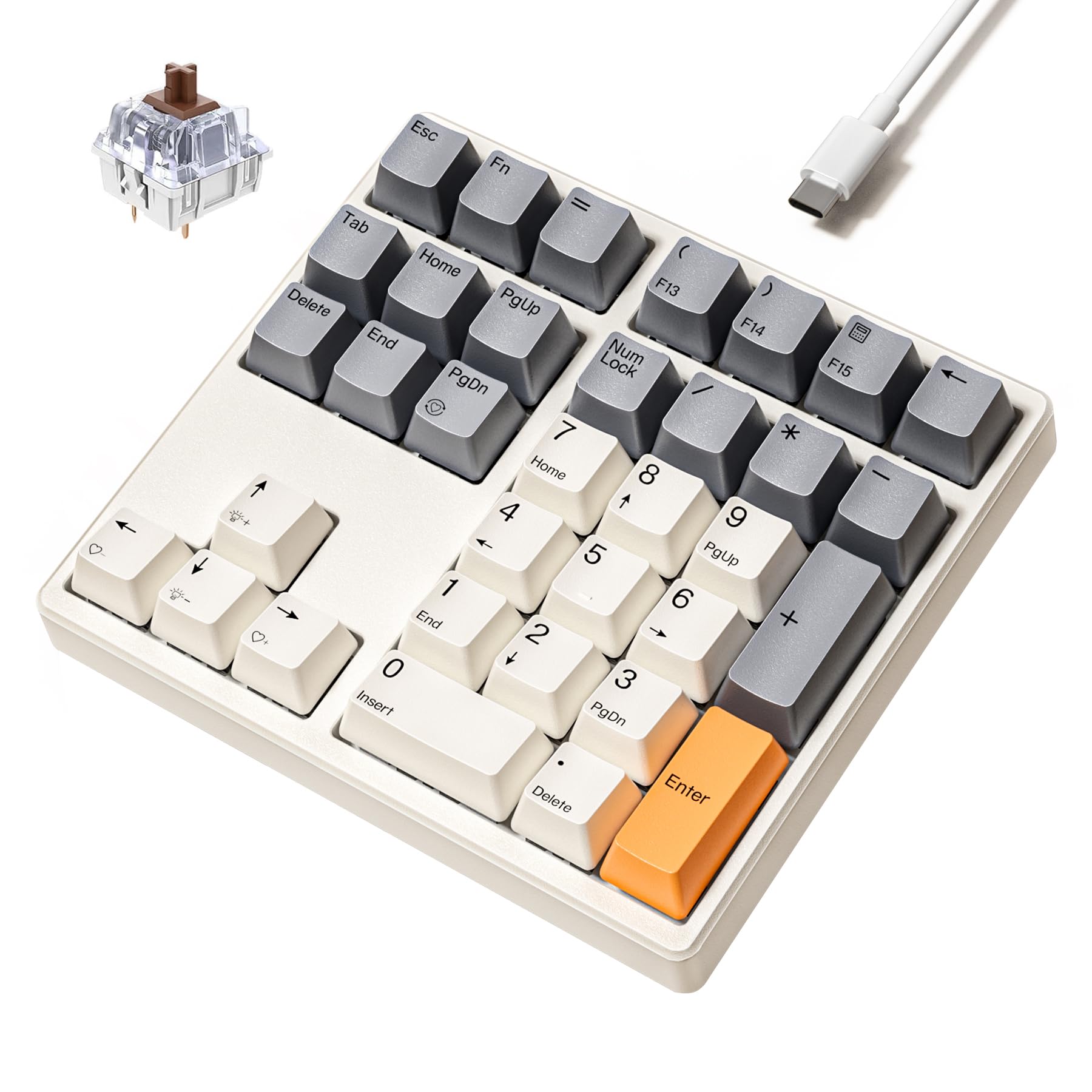 Kisnt Mechanical Number Pad, 34 Key Hot Swappable Numpad Wired Usb Numeric Keypad With Pbt Keycaps White Backlit Keypad For Lapt