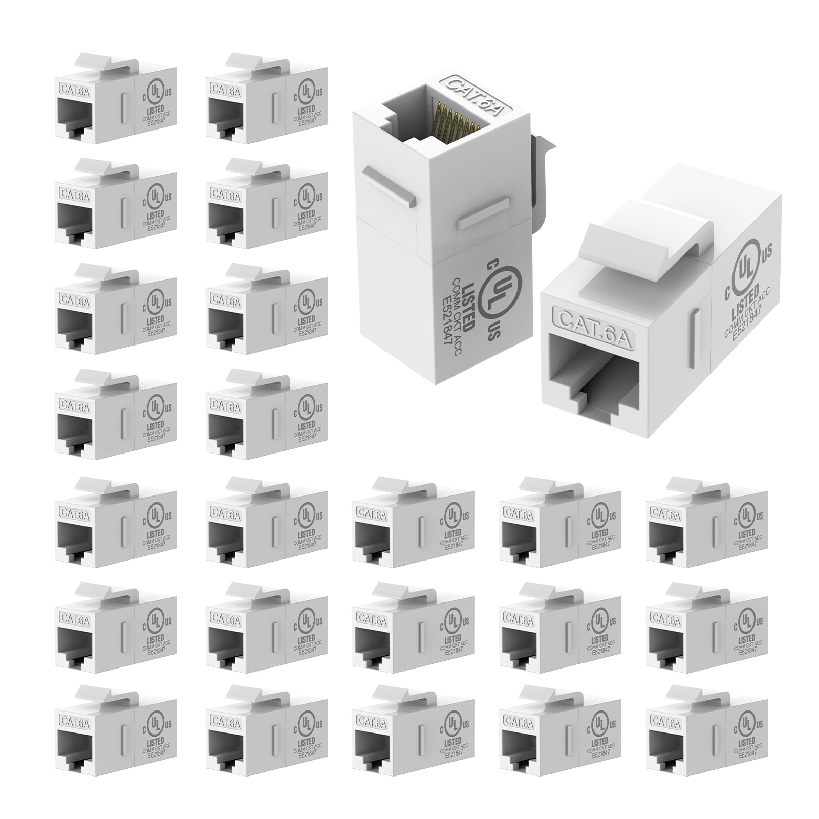 VCE CAT 6A Keystone Coupler (UL Listed), 25-Pack RJ45 Keystone Coupler Female to Female UTP, Ethernet Coupler for Patch Panel an
