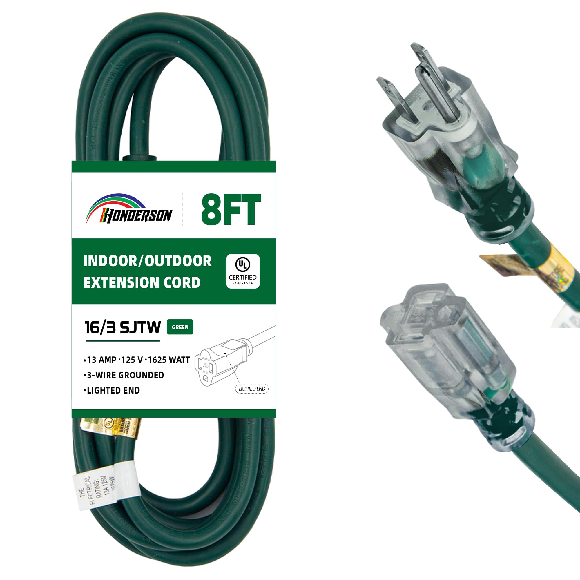 Honderson Indoor Outdoor Extension Cord Weatherproof With Lighted End, Ul Listed, 16 Gauge 8Ft Green 3 Prong Heavy Duty Extensio