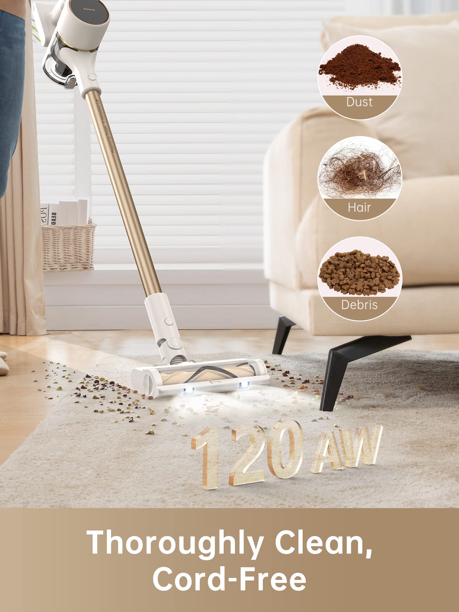 Dreame R10 Cordless Vacuum Cleaner, 120Aw Powerful Stick Vacuum With Led Headlights, Anti Tangle Brush, Up To 60 Mins Rechargeab