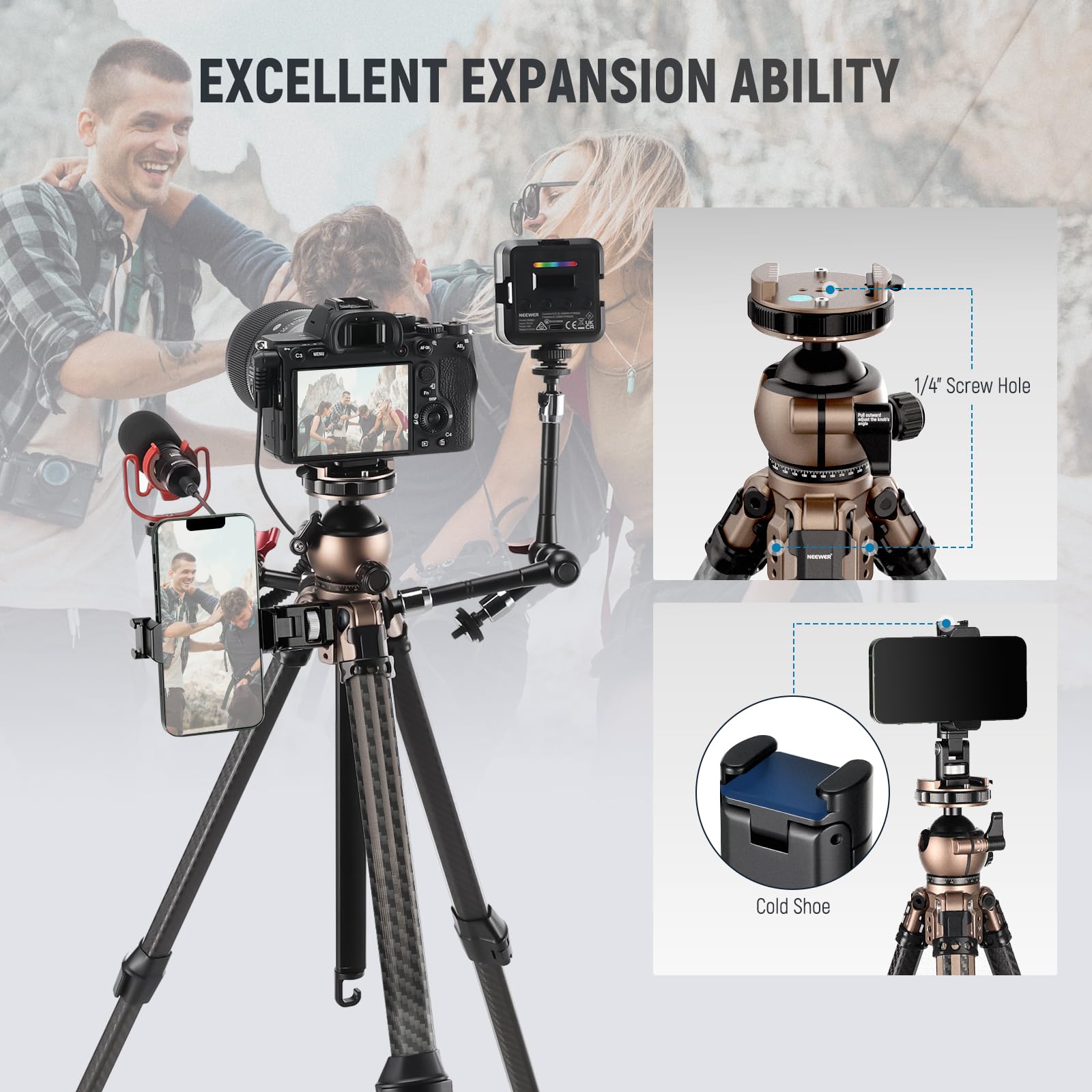 Neewer Litetrip Lt35 61  Travel Tripod Carbon Fiber W Pan Tilt Low Profile Ball Head, Arca Qr Plate Compatible With Peak Design