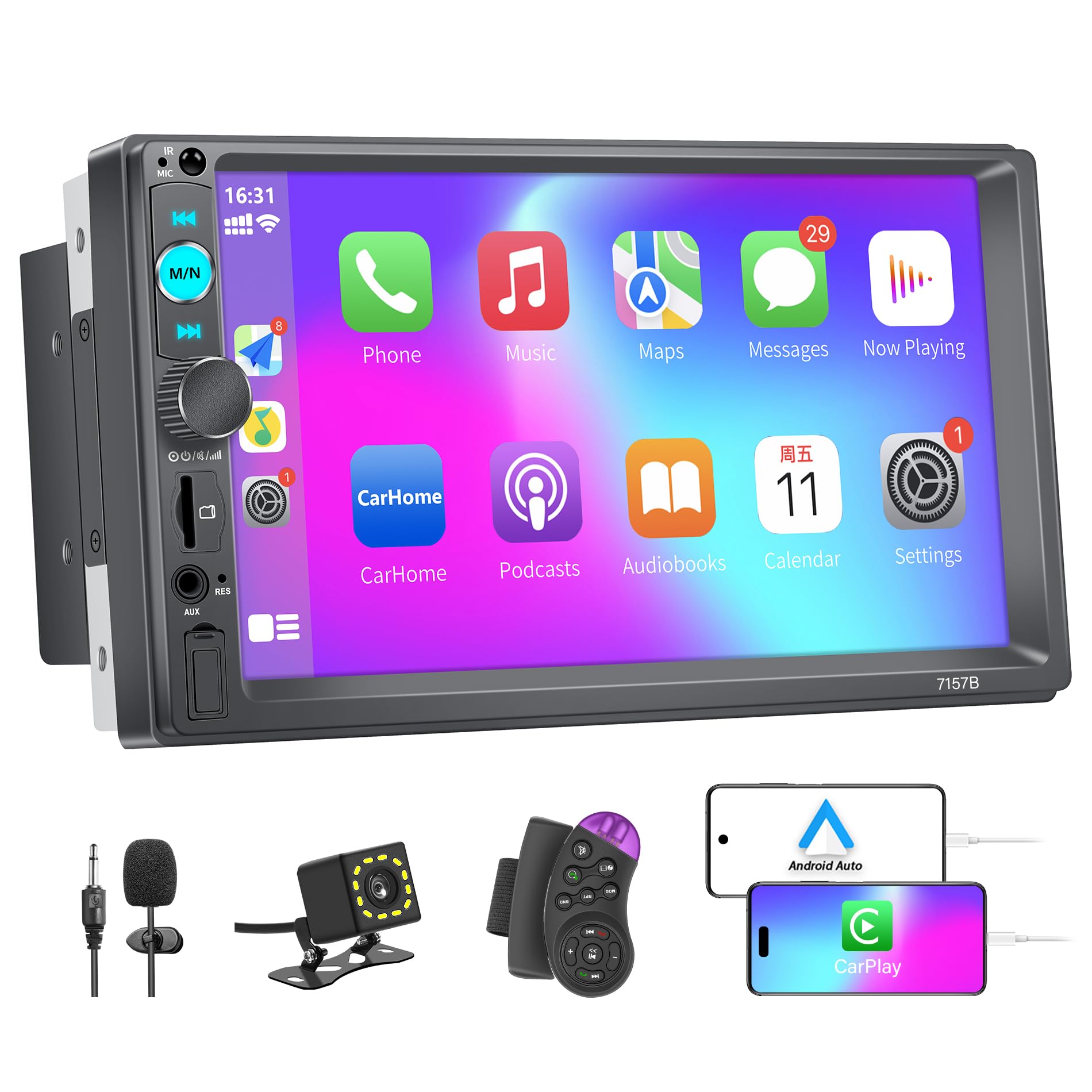Hexahedron Double Din Car Stereo With Apple Carplay And Android Auto, 7 Inch Touchscreen, Backup Camera, Bluetooth, Mirror Link,