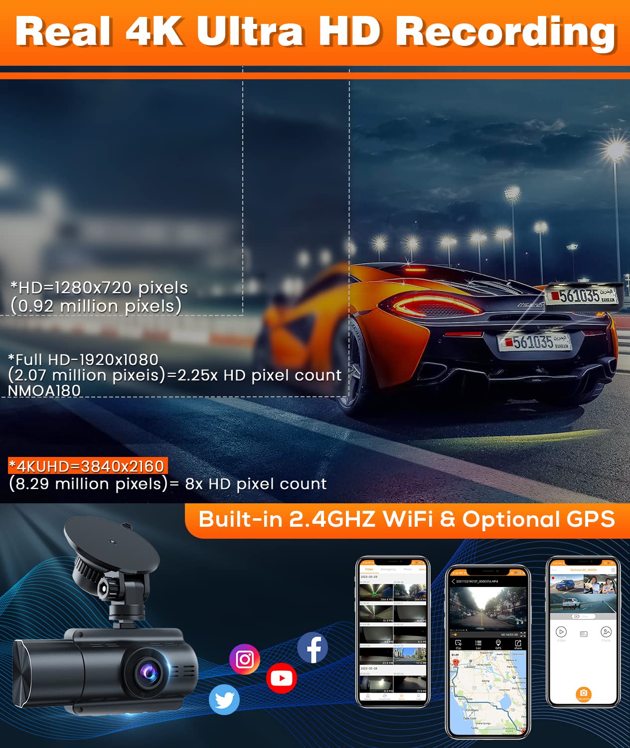 Moplasz 3 Channel 4K Dash Cam Built In Wifi Gps, Full Hd 4K+2K Front And Rear Dash Camera For Cars, 2K+1080P+2K Three Way Camera