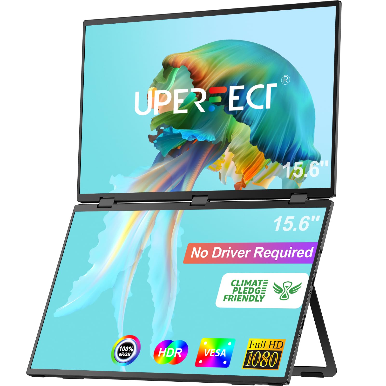 Uperfect Delta 15.6'' Dual Monitor Portable Monitor For Laptop Screen Extender 1080P Hdr 360 Folding Stacked Triple Monitor With