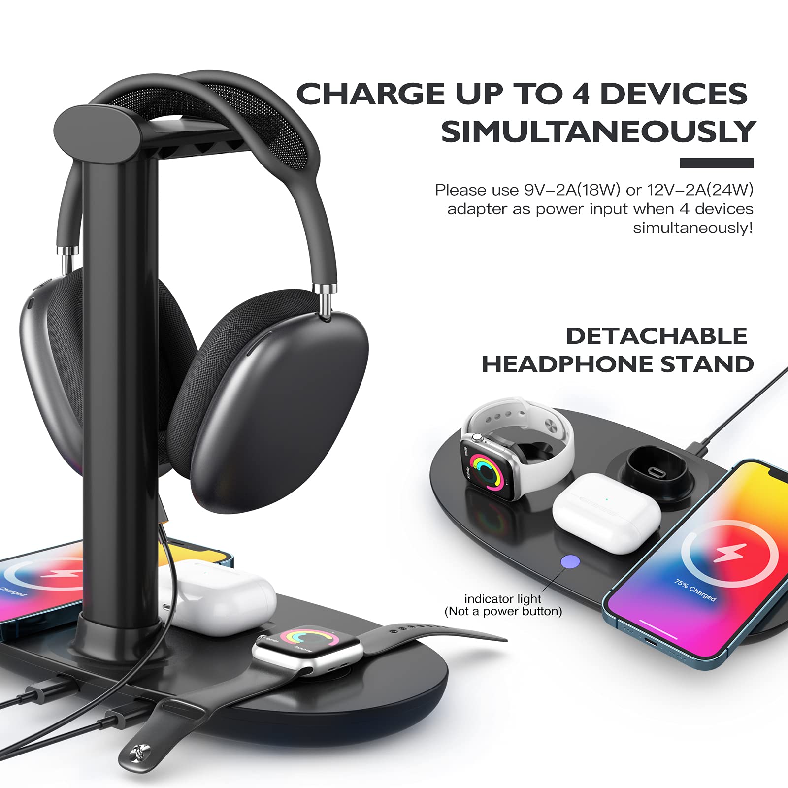 Headphone Stand With 15W Wireless Charger, Suguder 4 In 1 Charging Station Headset Holder For Airpods Max/Pro/4/3/2 Iwatch 10/9/